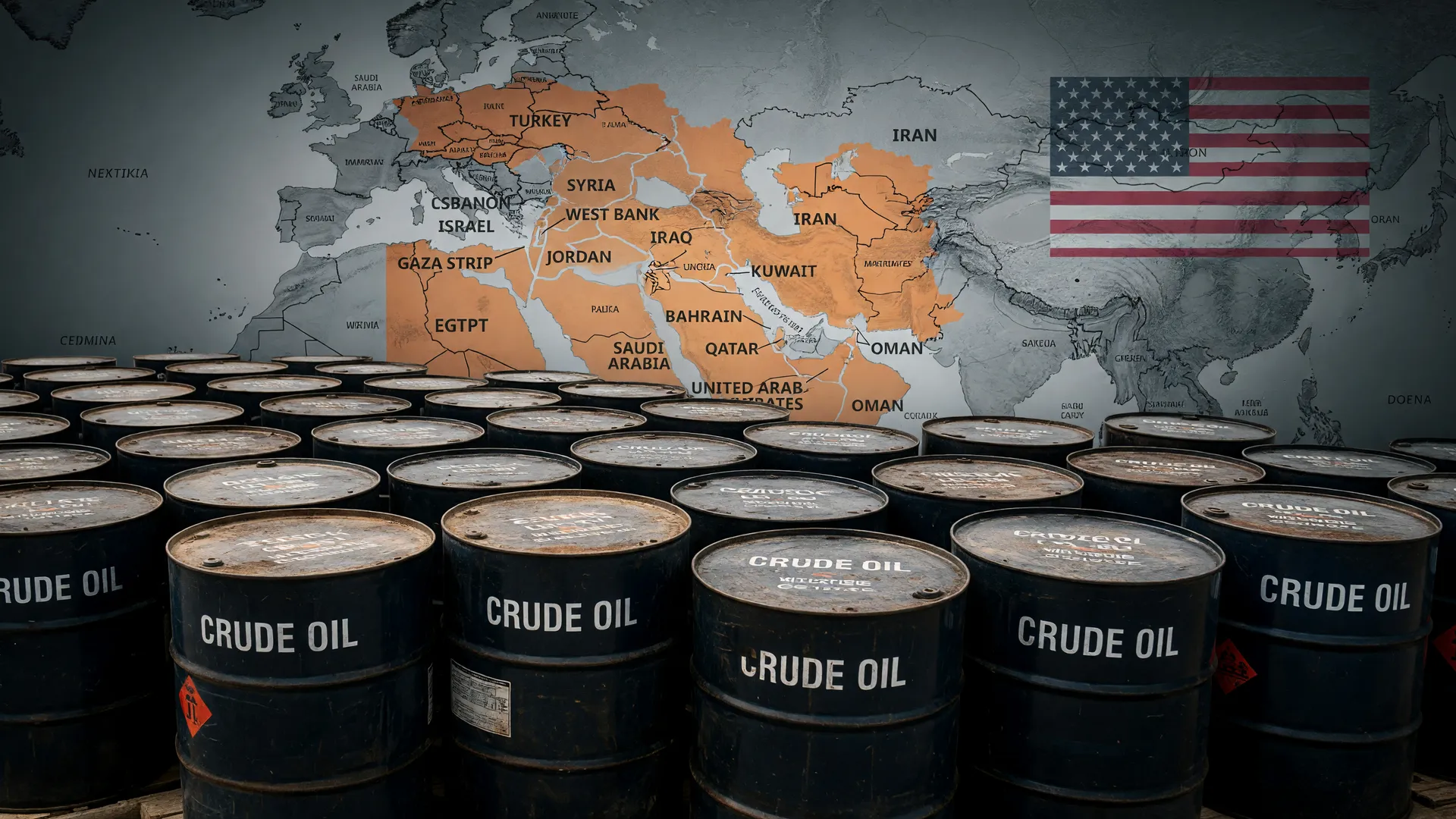 Colagem editorial: petróleo Brent, mapa do Oriente Médio e bandeira dos EUA refletem escalada de guerra e preços