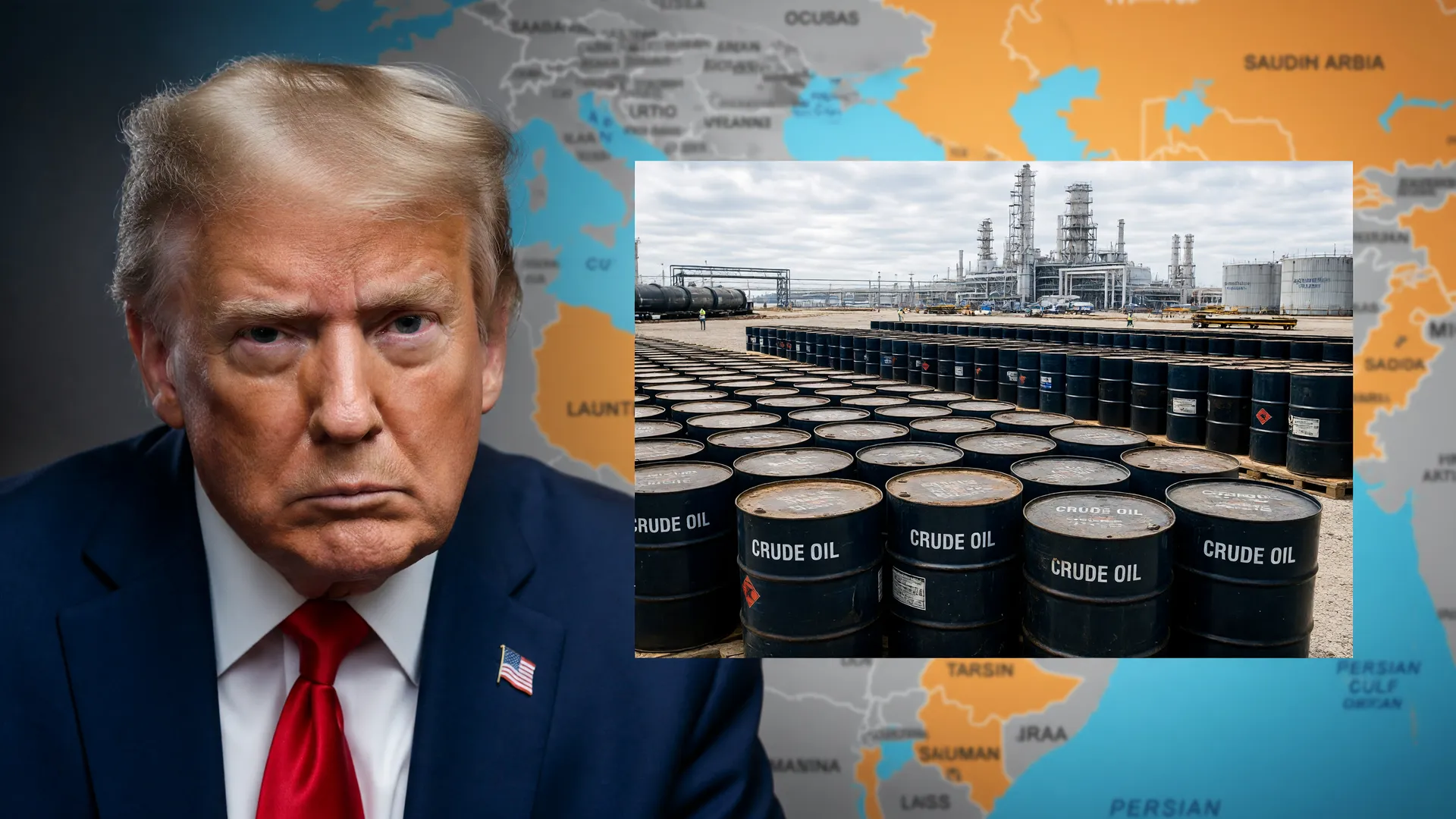 Pausa Trump sobre Irã: colagem editorial mostrando queda de petróleo e cenário geopolítico do Oriente Médio.
