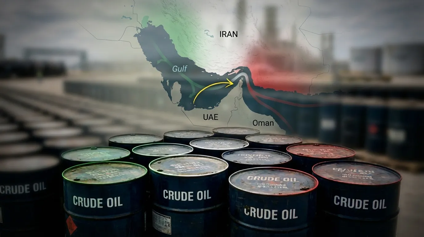 Barris de petróleo com bandeira do Irã e mapa do Estreito, mostrando recorde de preço no Oriente Médio