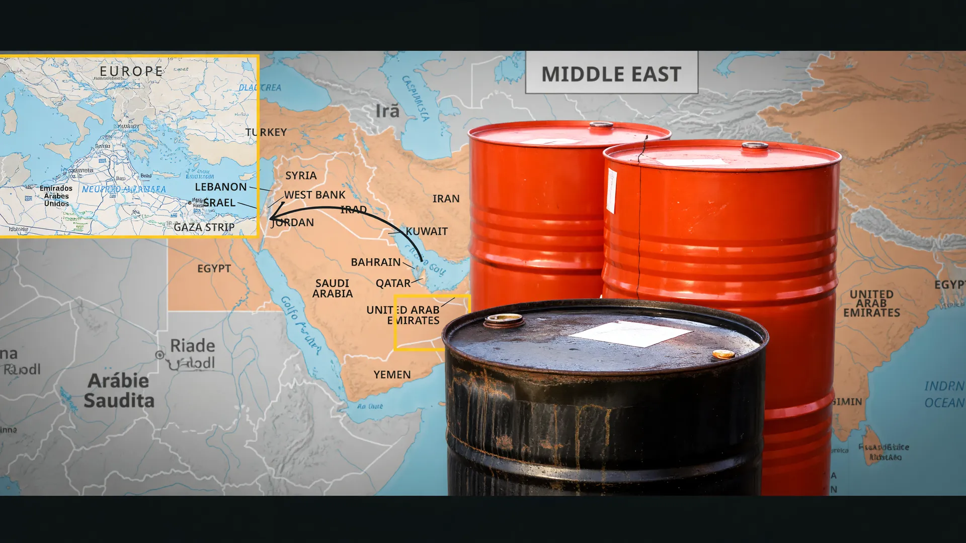 Colagem editorial do Estreito de Ormuz e Oriente Médio com barris de petróleo impactando preço combustível Brasil