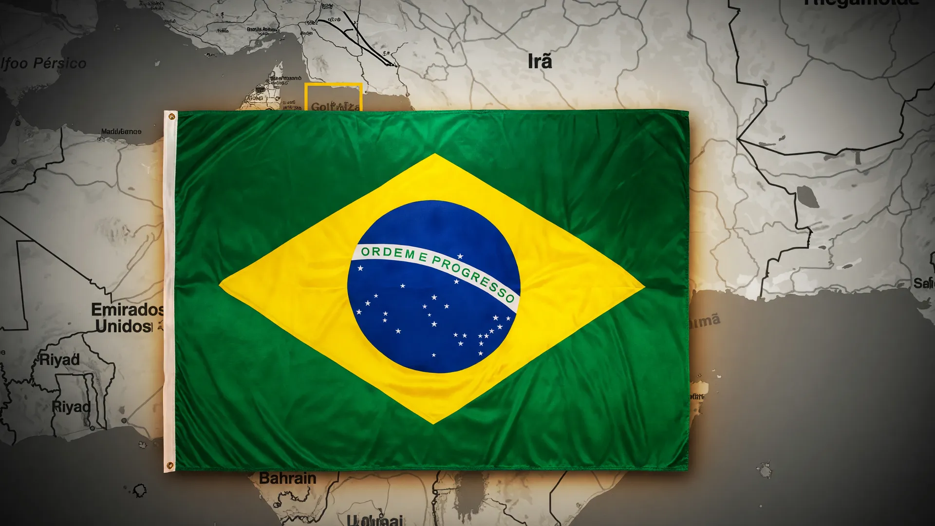 Bandeira do Brasil com mapa do Estreito de Ormuz ao fundo, representando a alta do preço diesel Brasil 2026