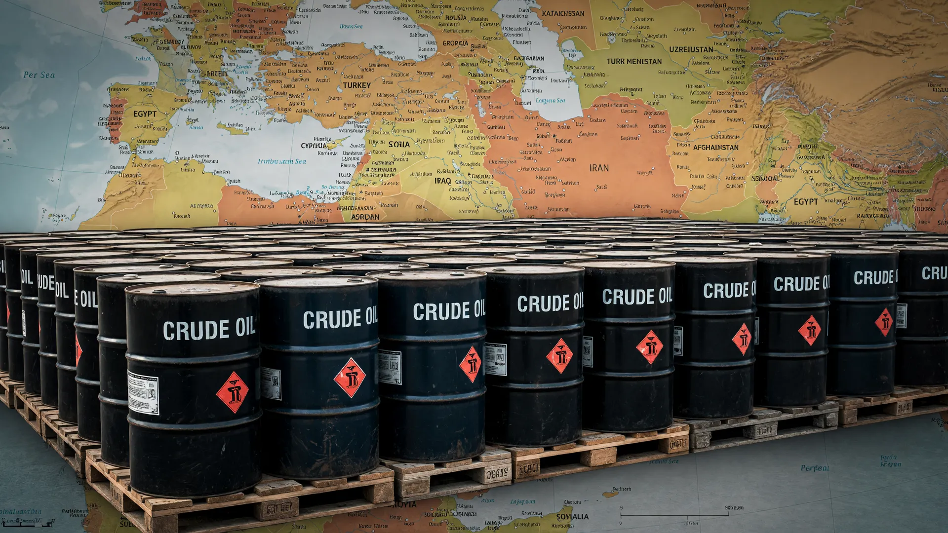 Barris de petróleo sobre mapa do Oriente Médio mostrando como a guerra afeta o preço do diesel sobe nos postos