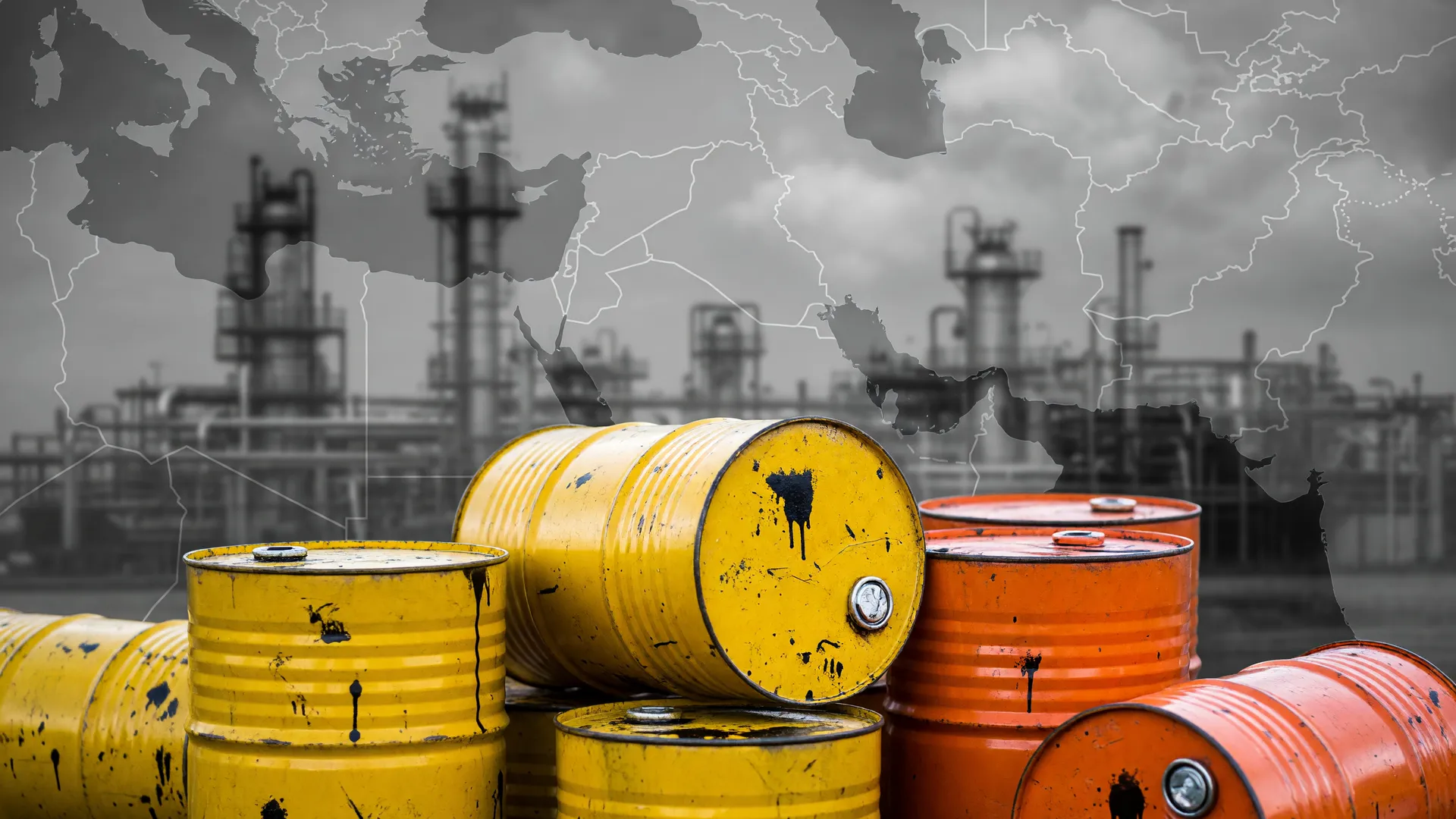 Barris de petróleo bruto em refinaria industrial, símbolo da alta do preço do petróleo após ataque do Irã no Oriente Médio