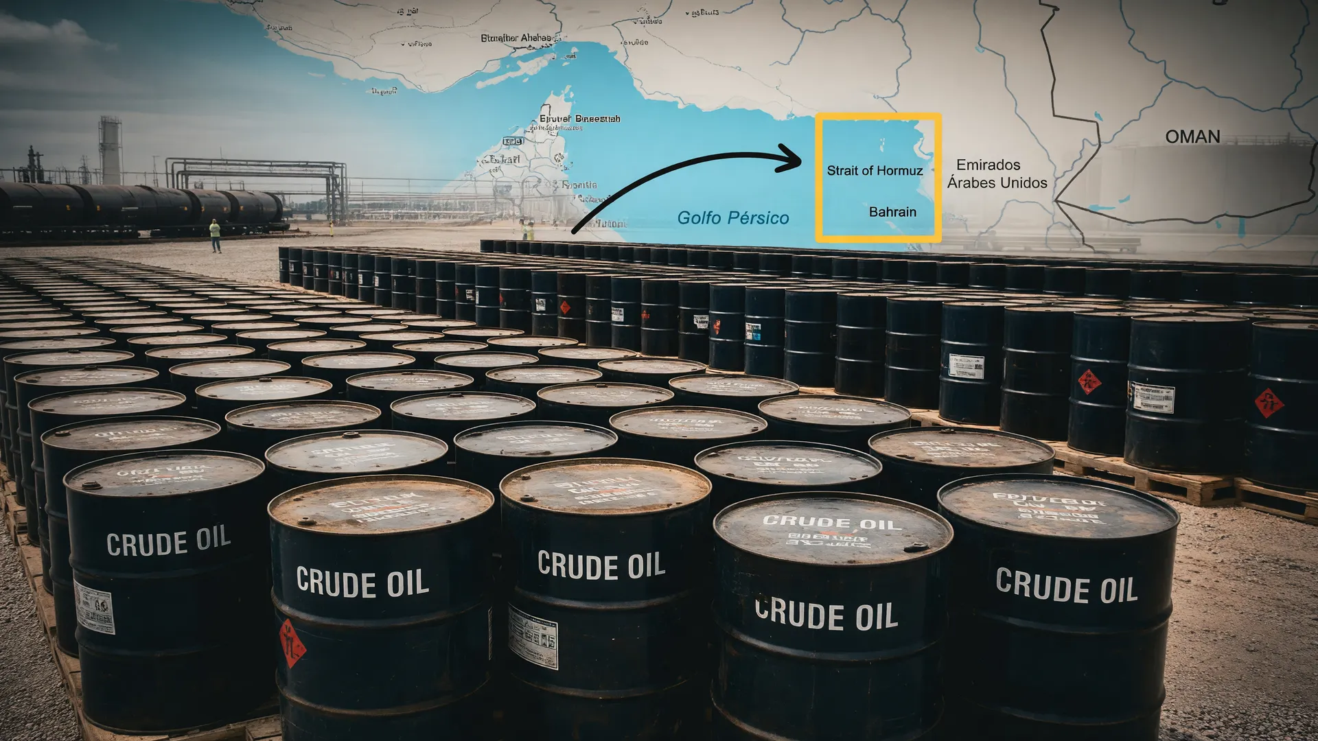 Crise de preço do petróleo guerra Oriente Médio: barris de refinaria e Estreito de Ormuz