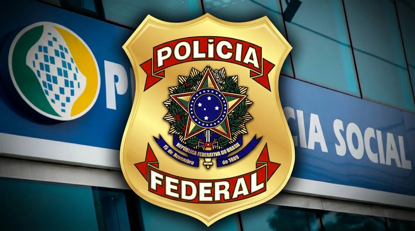 Brasão da Polícia Federal e fachada do INSS representando prescrições suspeitas no Farmácia Popular