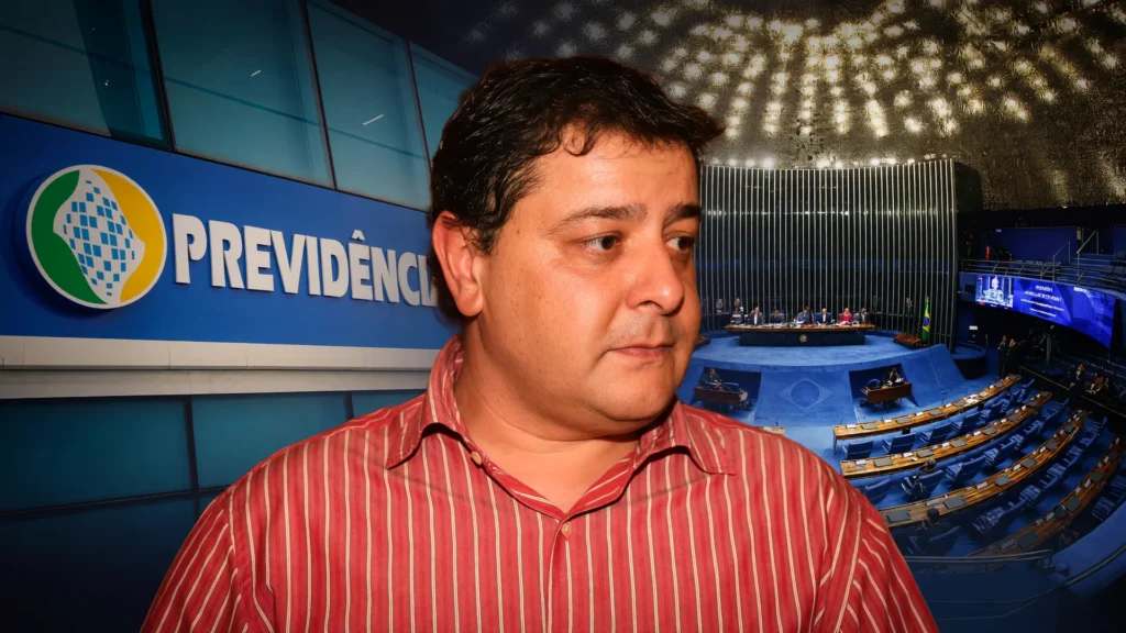 Collage investigativo: Lulinha com instituições do INSS e Senado Federal representando a prisão preventiva solicitada