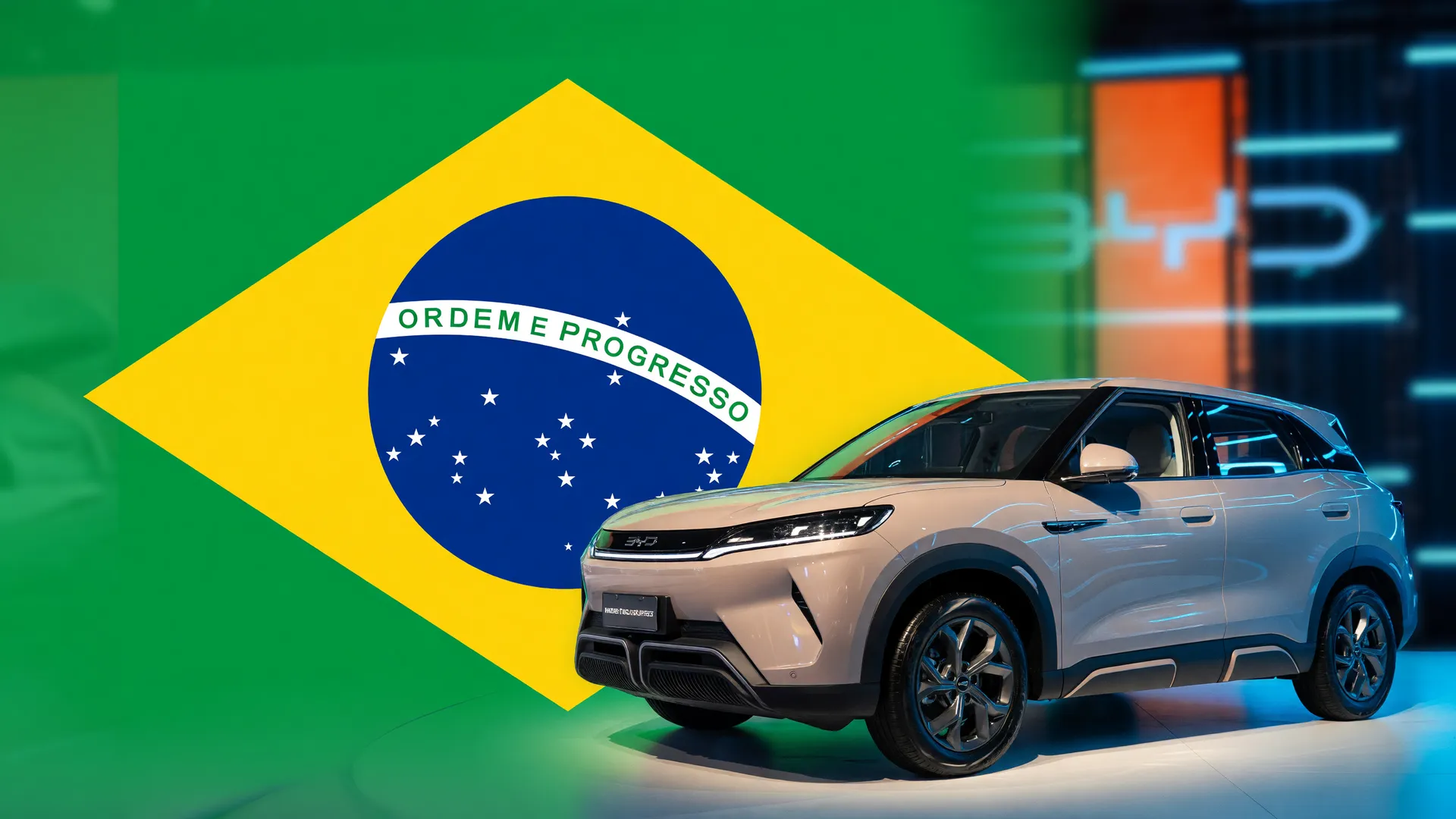 Produção de carros chineses no Brasil: bandeira nacional com veículos elétricos em composição editorial