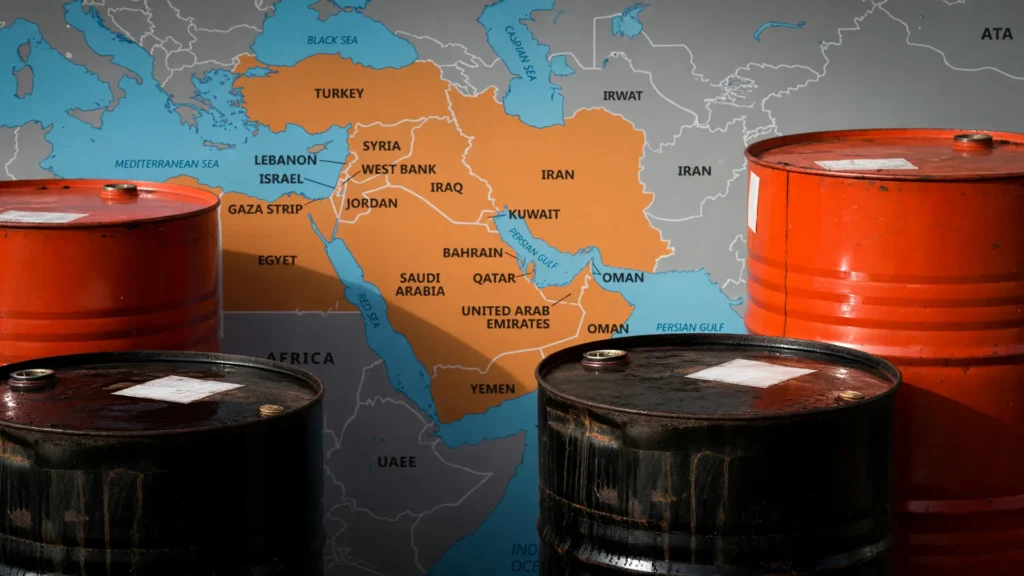 Produção de diesel Replan Petrobras vista através de mapa do Oriente Médio e barris de petróleo
