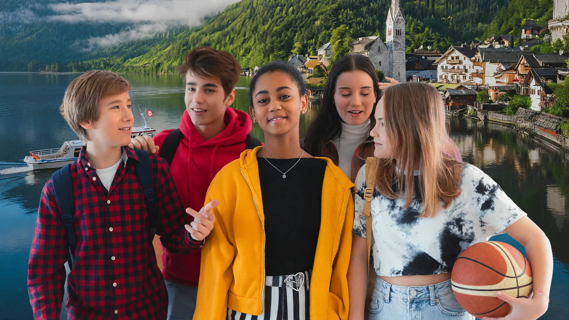 Adolescentes em Viena: proibição redes sociais crianças Áustria com paisagem alpina de Hallstatt ao fundo