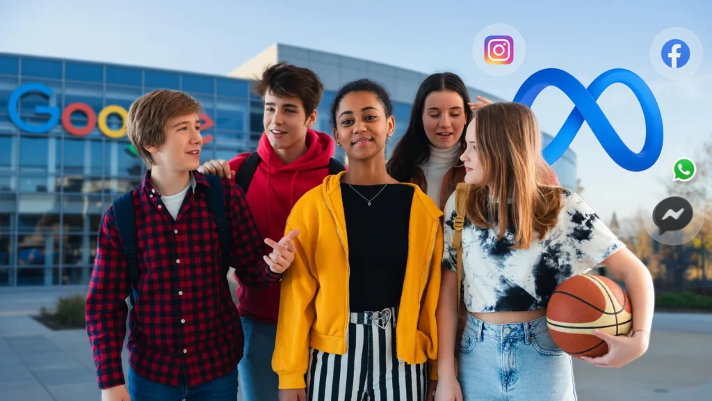 Adolescentes com logos de gigantes de tecnologia, debatendo proibição de redes sociais para menores de 16 anos