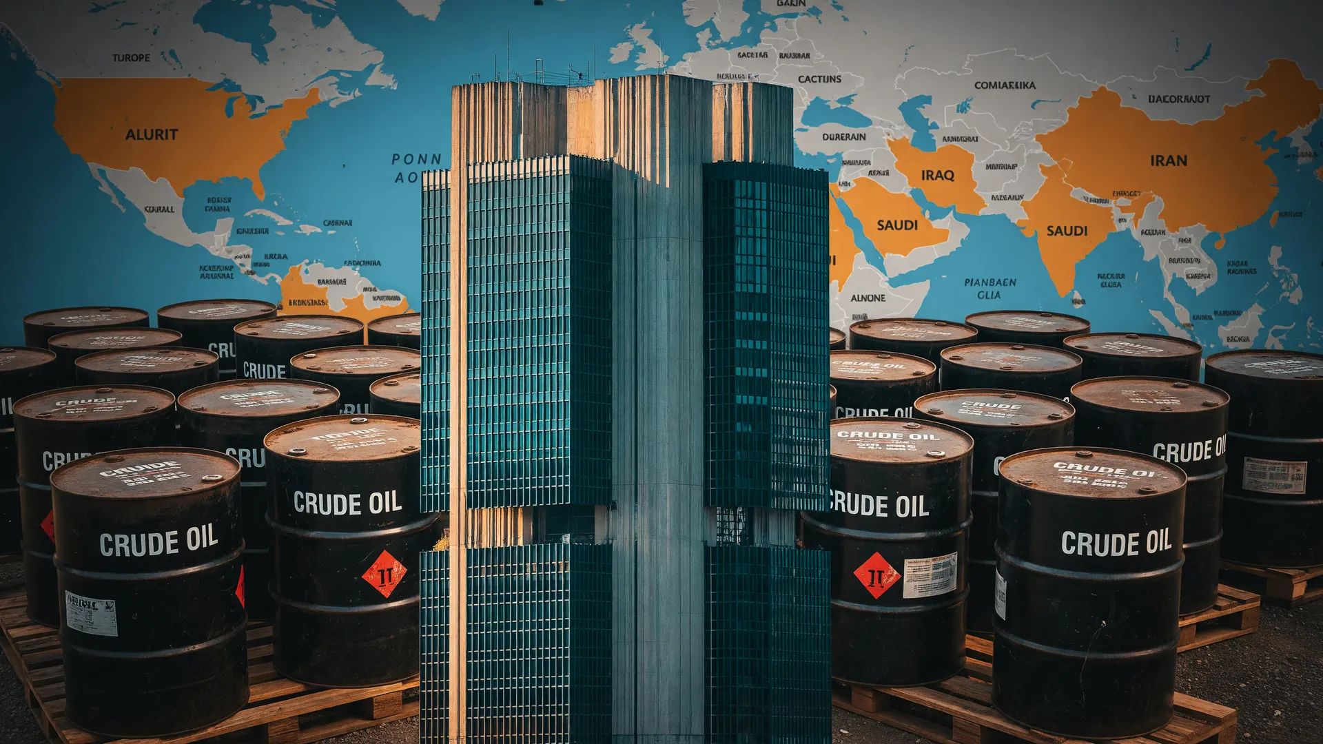 Projeção de inflação 2026 petróleo em foco: sede do Banco Central com barris de petróleo e mapa do Oriente Médio
