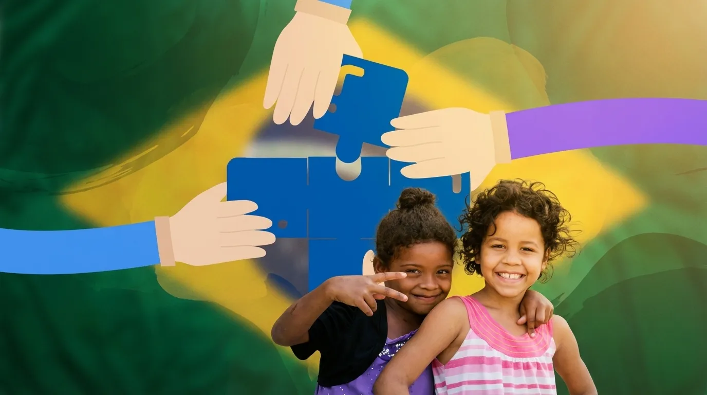 Composição editorial celebrando a queda mortalidade infantil no Brasil com SUS e crianças.