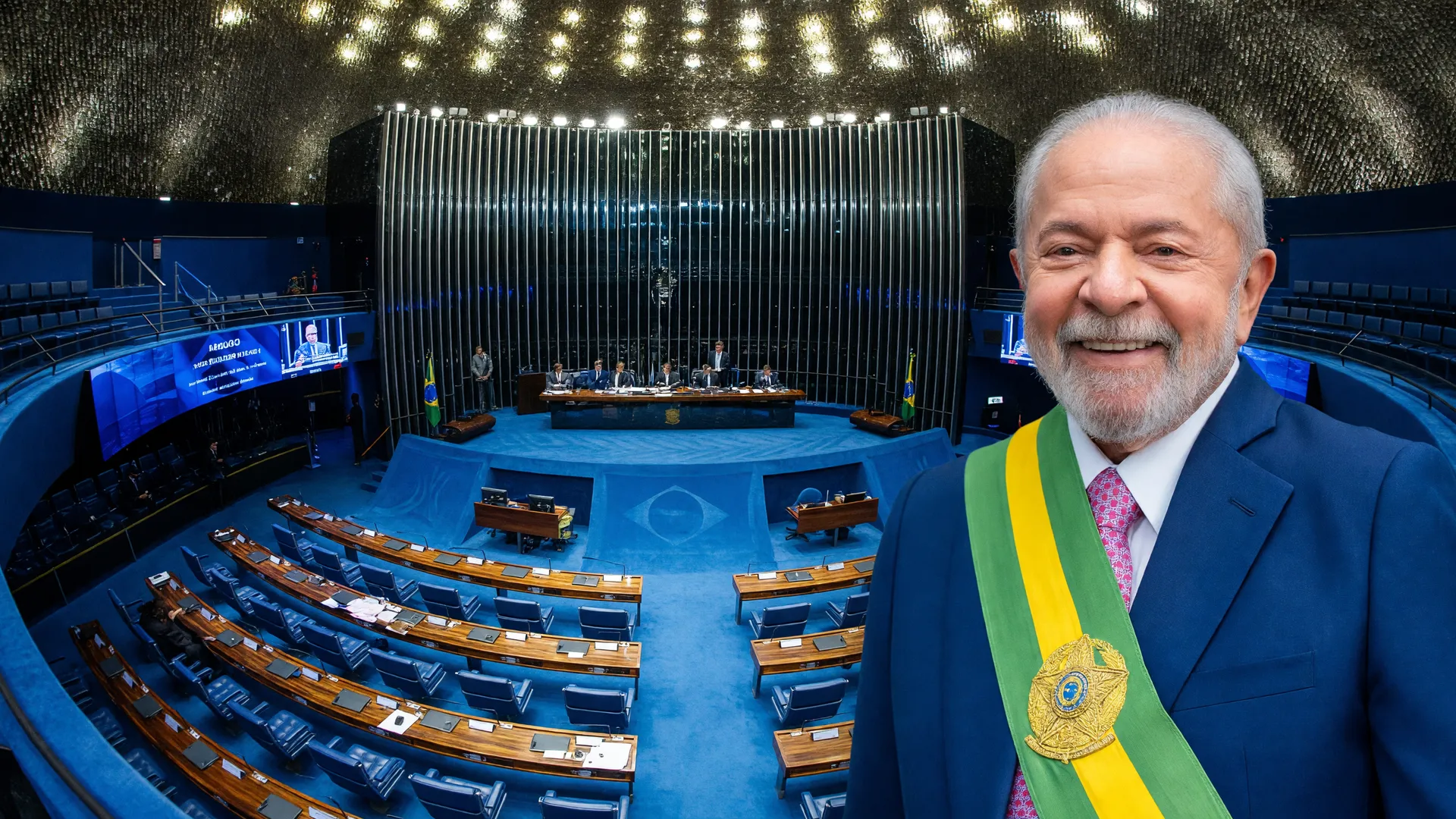 Composição editorial mostrando Senado Federal e Lula sobre o reajuste salarial da polícia e bombeiros do DF