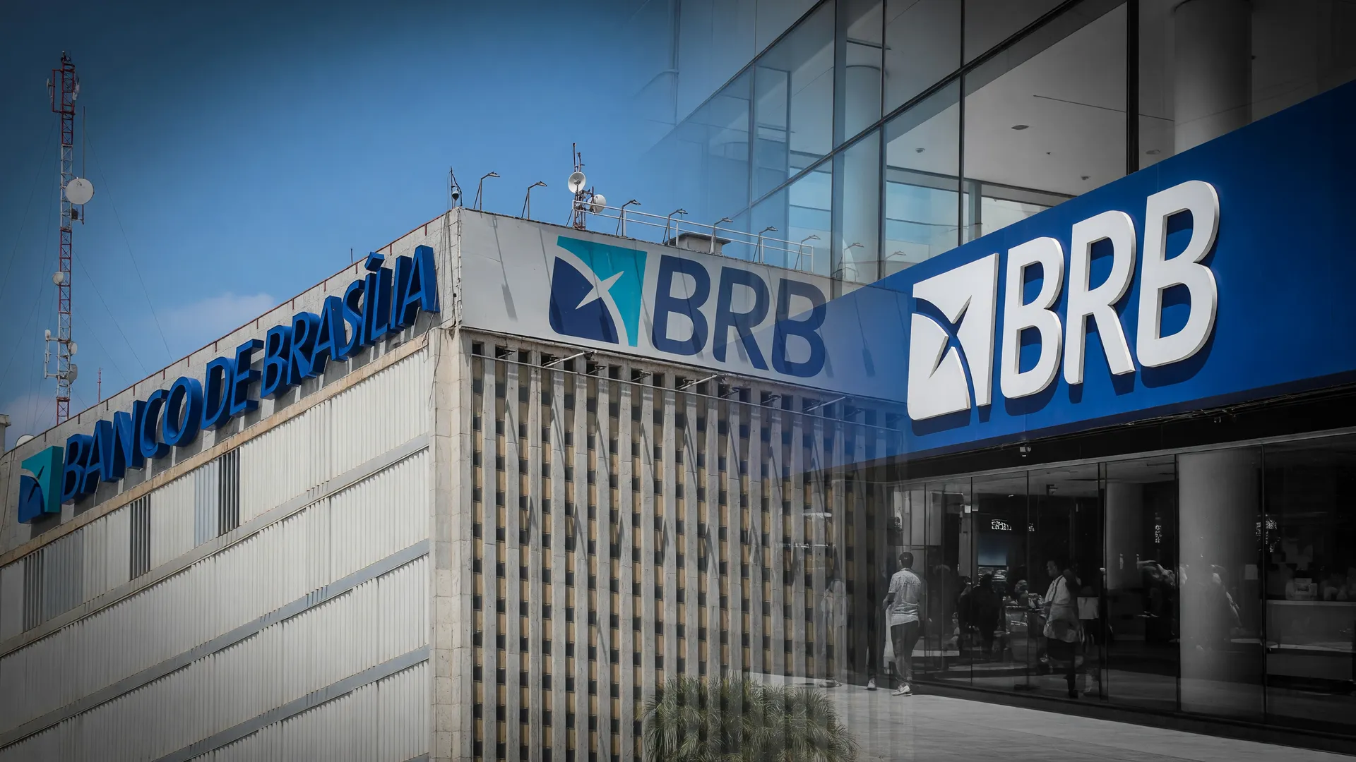 Sede do BRB em composição editorial ilustrando rebaixamento do BRB pela S&P com fachadas institucionais em crise