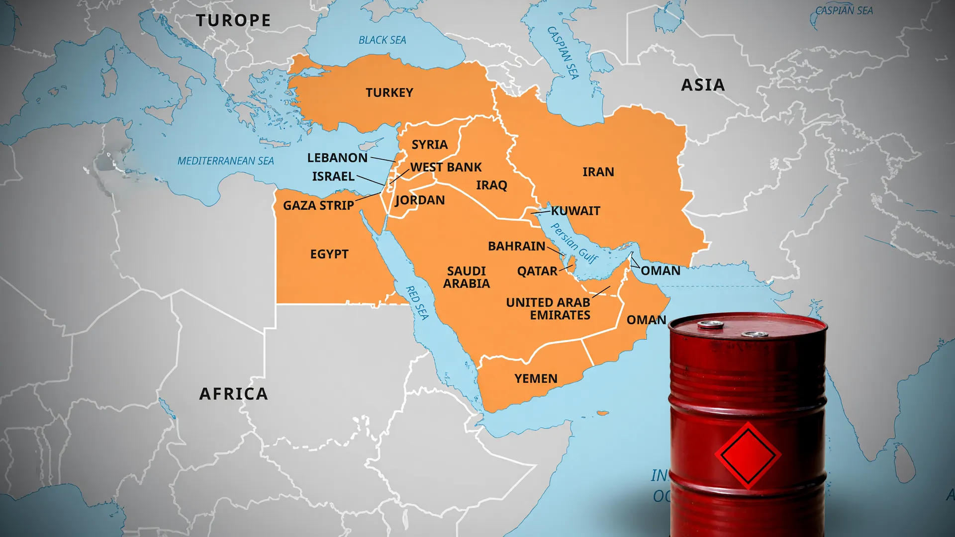 Mapa político do Oriente Médio com países do Irã, Arábia Saudita e região delimitados, representando o conflito no Oriente Médio que impacta os mercados financeiros