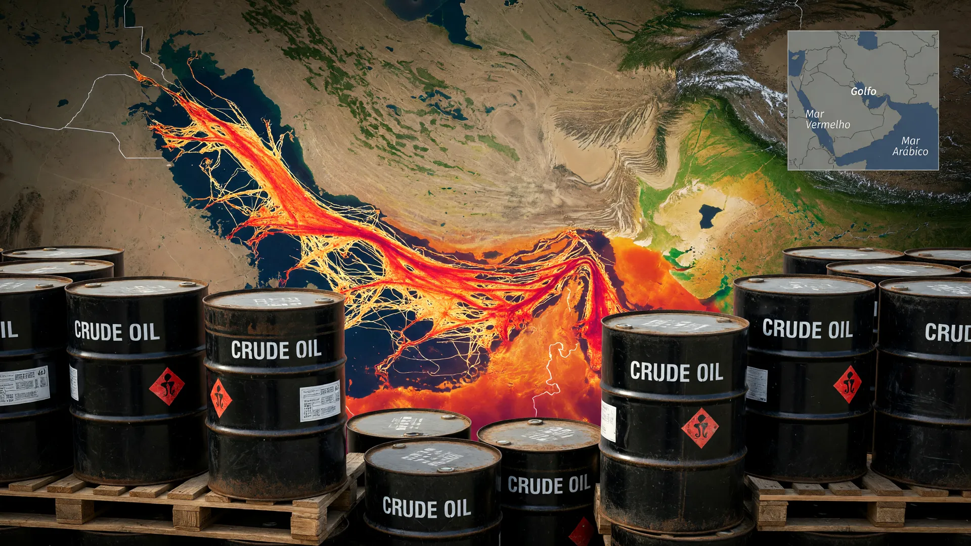 Composição visual do regime de pedágio no Estreito de Ormuz com mapa de rotas marítimas e barris de petróleo bruto