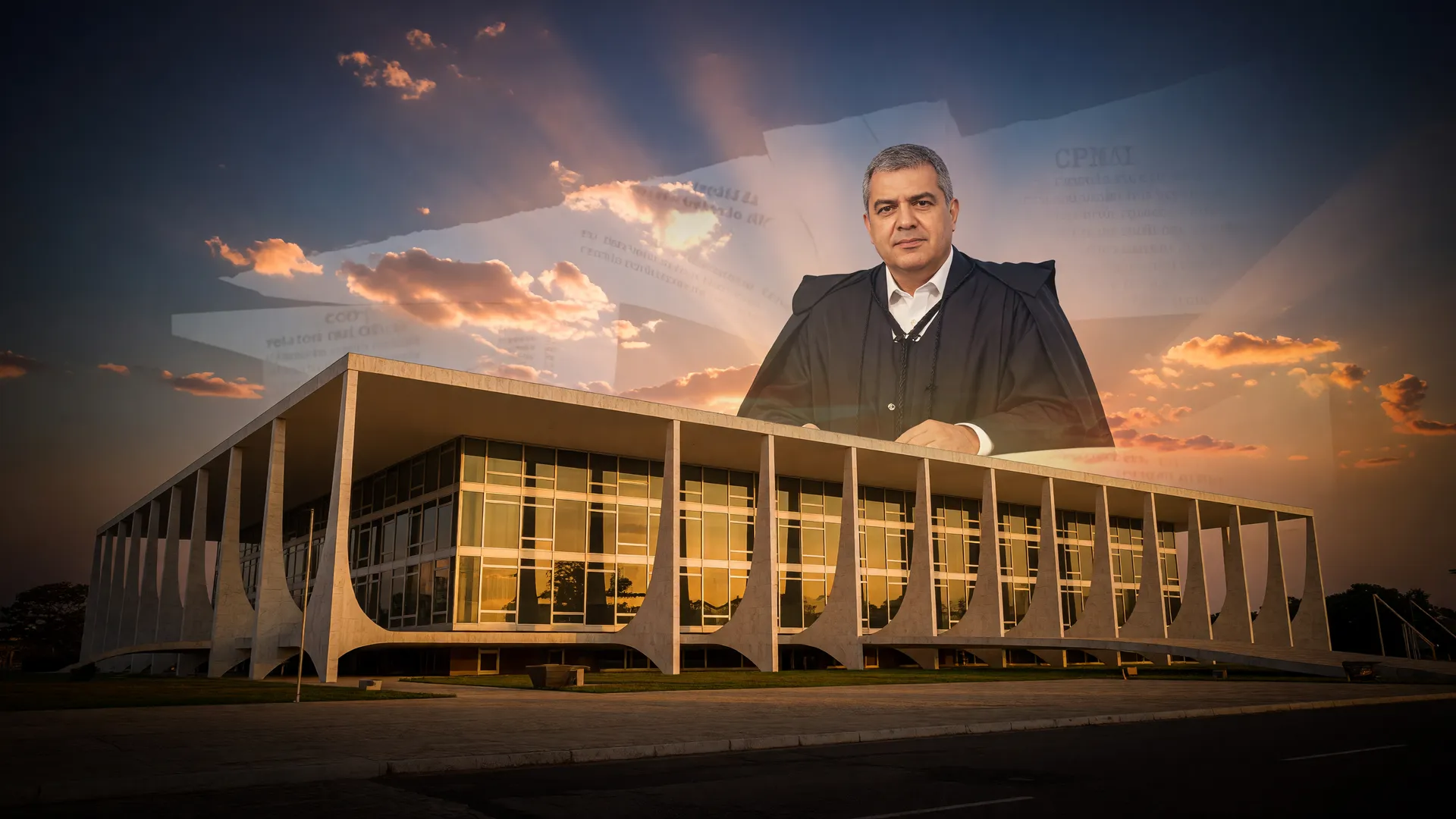 Fachada do STF iluminada ao entardecer com figura política em destaque frente ao relatório final CPMI INSS votação.