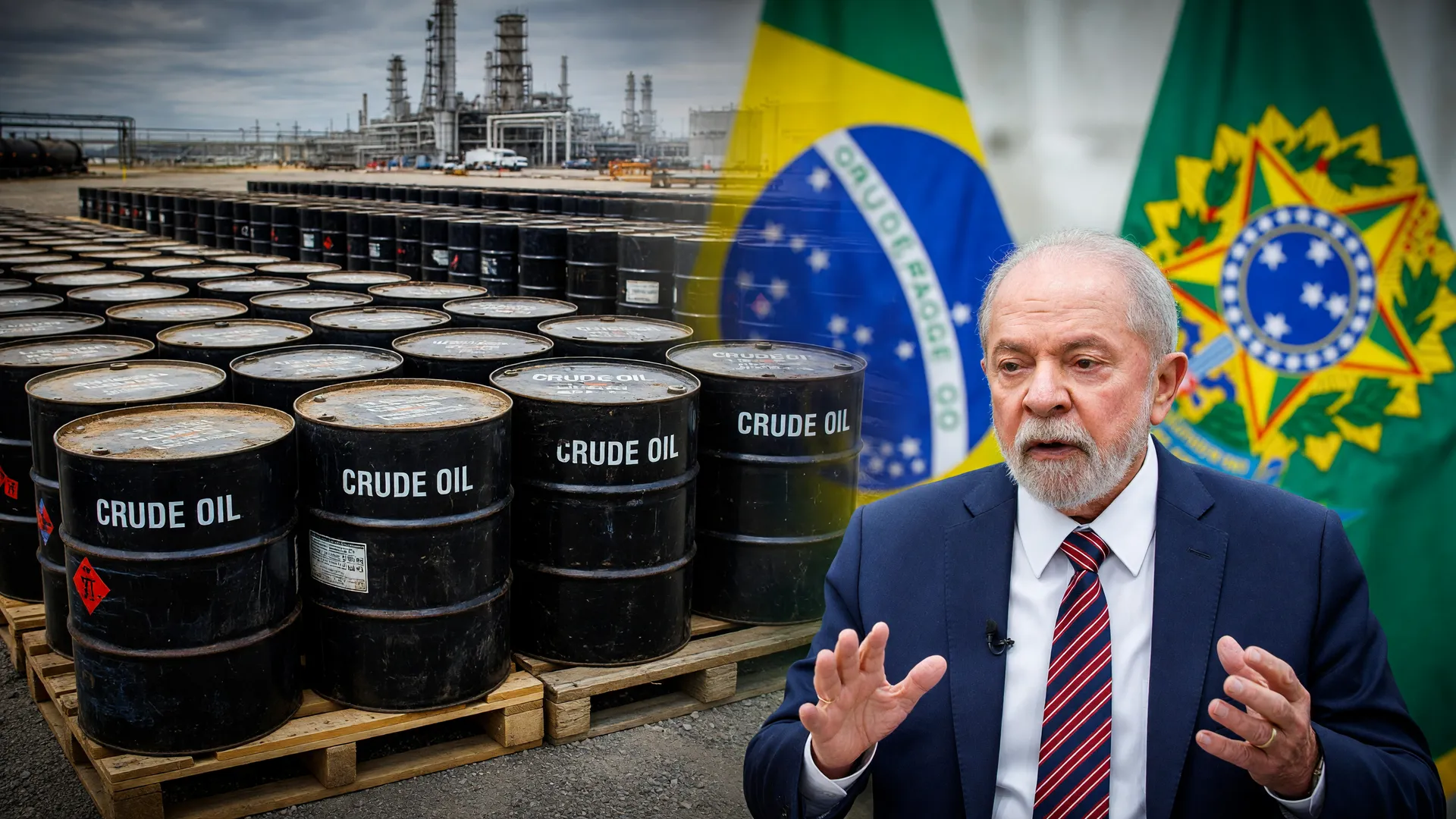 Barris de petróleo e retrato de Lula representam o risco de desabastecimento de combustíveis no Brasil