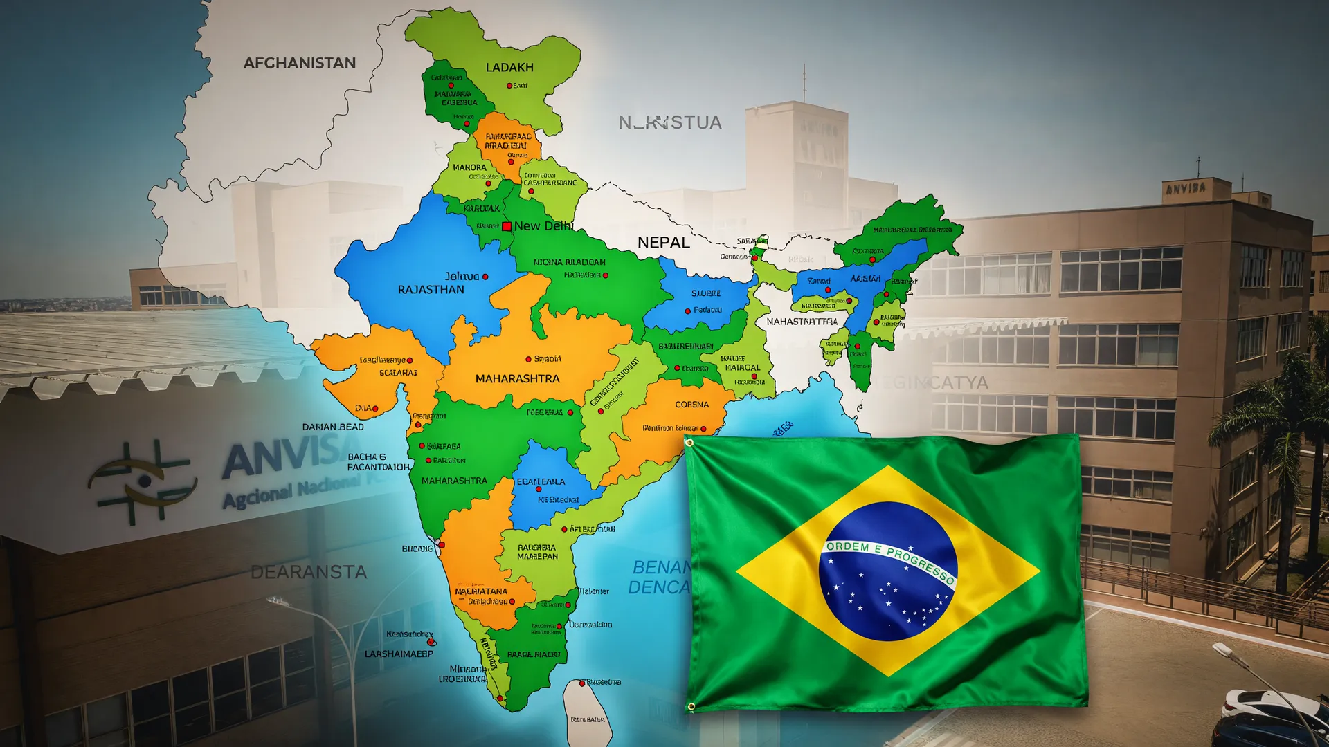Índia e Brasil: mapa e bandeira com Anvisa ao fundo, representando disputa de semaglutida genérica barata