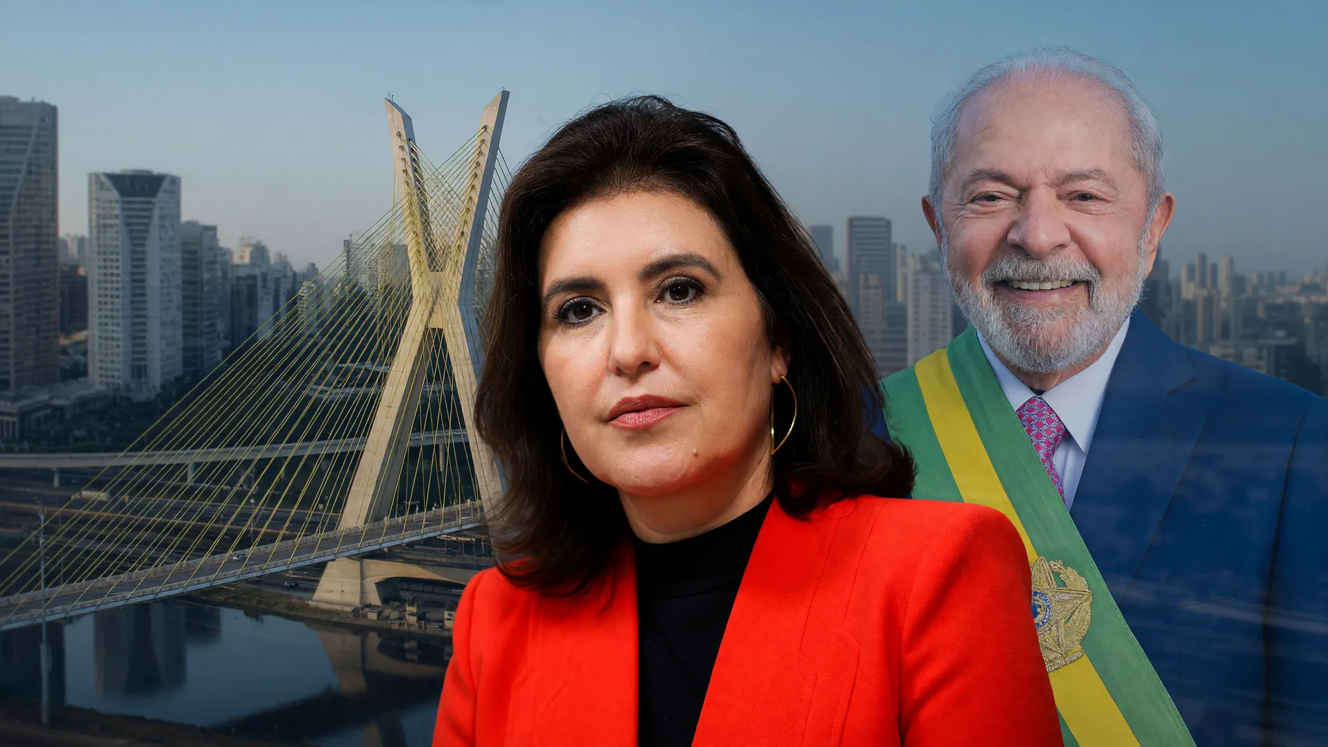 Simone Tebet em destaque com Ponte Estaiada e Lula ao fundo simbolizando sua candidatura ao PSB Senado São Paulo