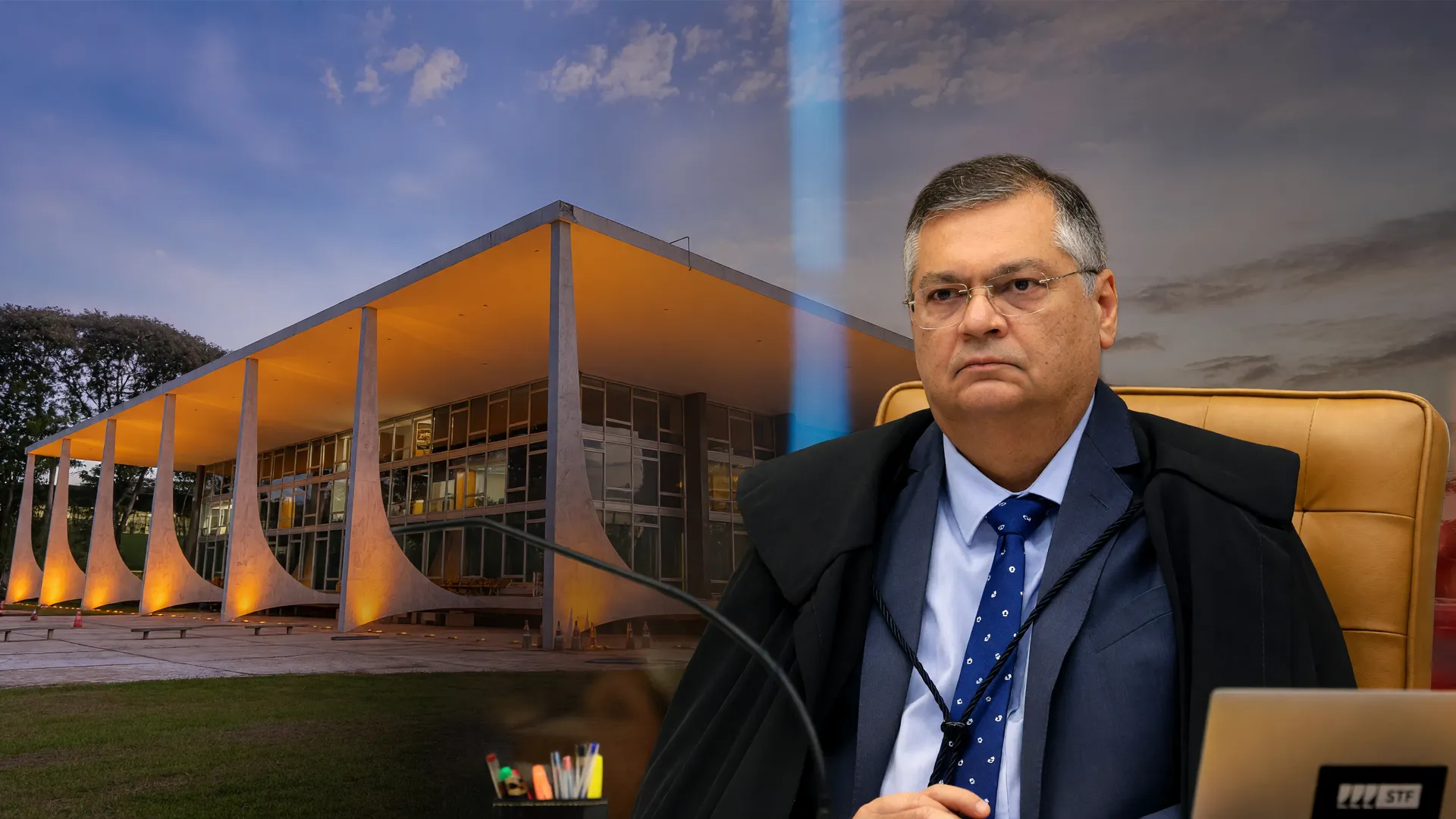 STF limita penduricalhos: fachada ao entardecer e ministro Flávio Dino em sessão formal