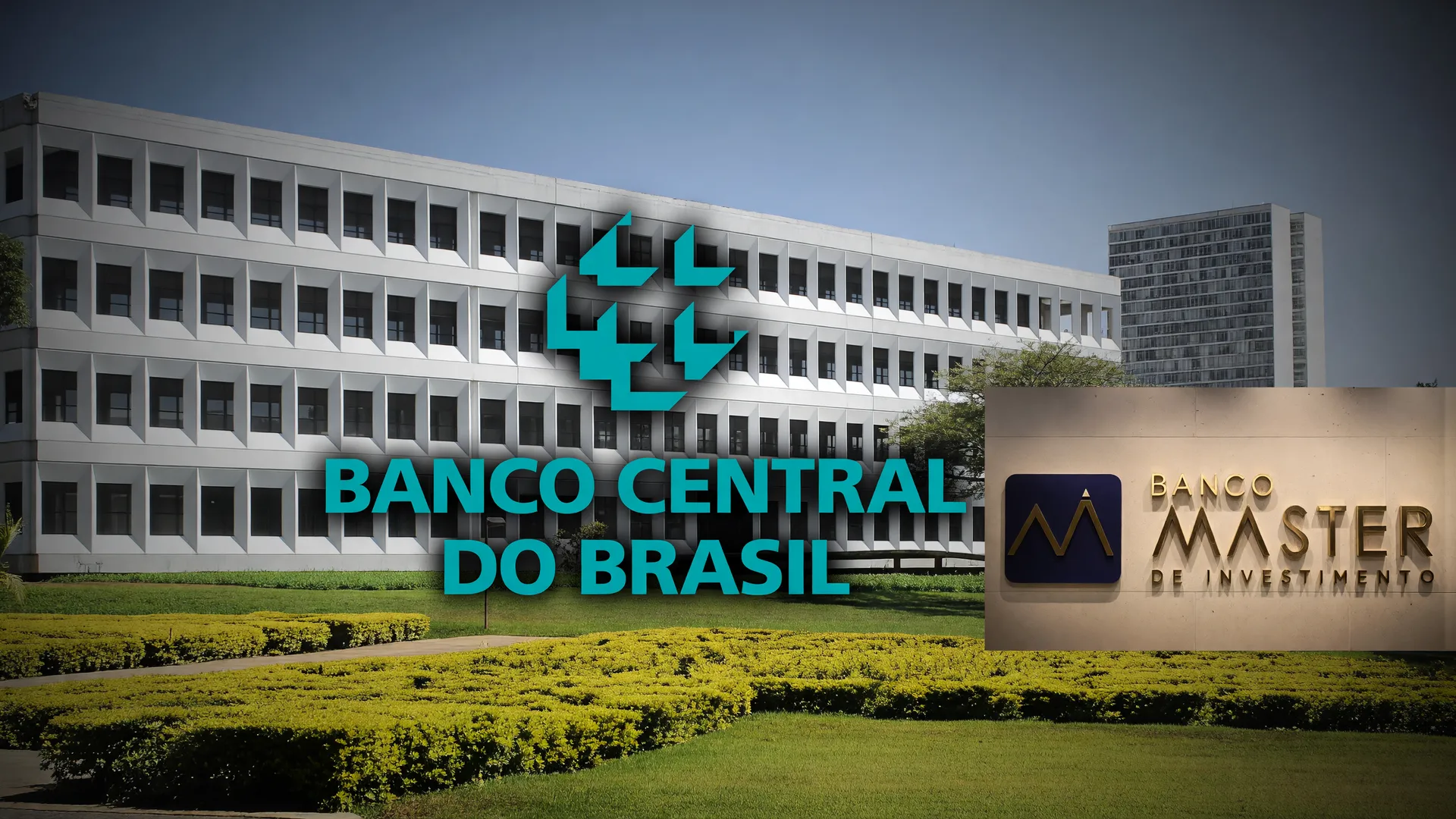 Colagem editorial com TCU, Banco Central e Banco Master, ilustrando a liquidação