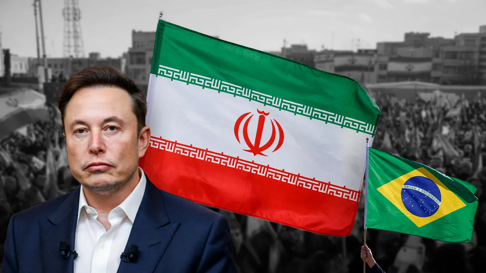 X troca emoji bandeira iraniana: Elon Musk com Irã em fundo, bandeira do Brasil em protesto