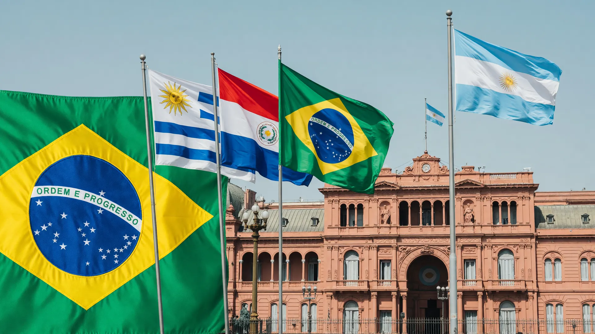 Acordo automotivo Brasil Argentina: Casa Rosada e bandeiras nacionais unidas por símbolos Mercosul