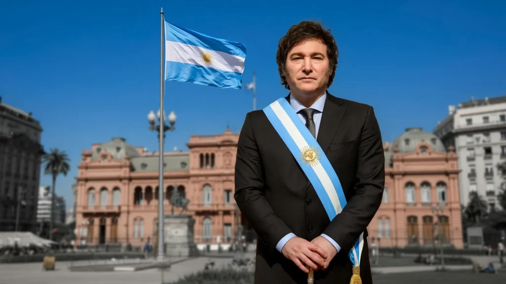 Retrato de Milei sobreposto à Casa Rosada com bandeira argentina: acordo FMI Argentina 2026