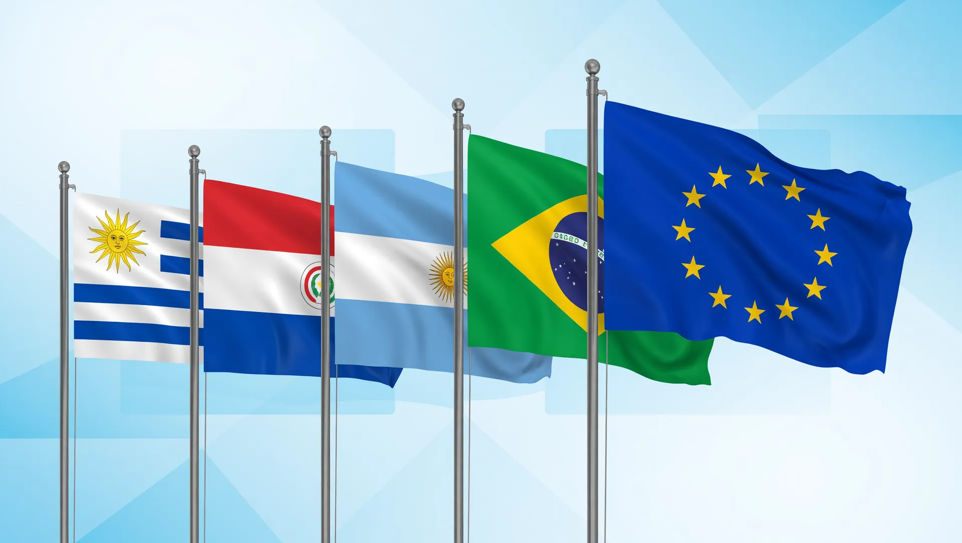 Bandeiras do Mercosul e União Europeia simbolizando o acordo agora em vigor