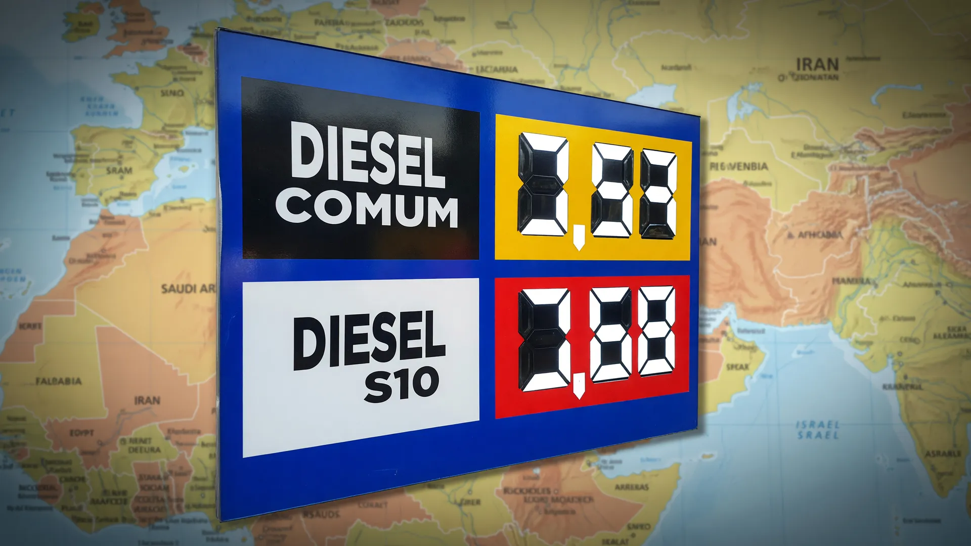 Painel de preços de diesel elevado e mapa do Oriente Médio, contextualizando a alta diesel safra cana paulista