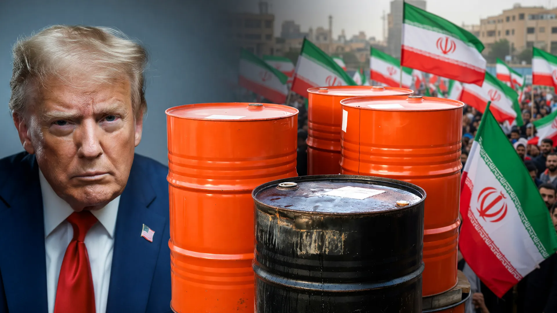 Barris de petróleo em foco com Trump e Irã ao fundo, ilustrando a alta do petróleo no Estreito de Ormuz