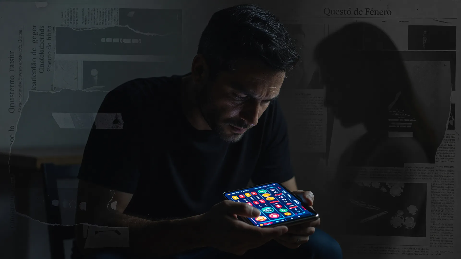Apostas online escondidas das parceiras: homem em sombra com smartphone iluminado, questão de gênero