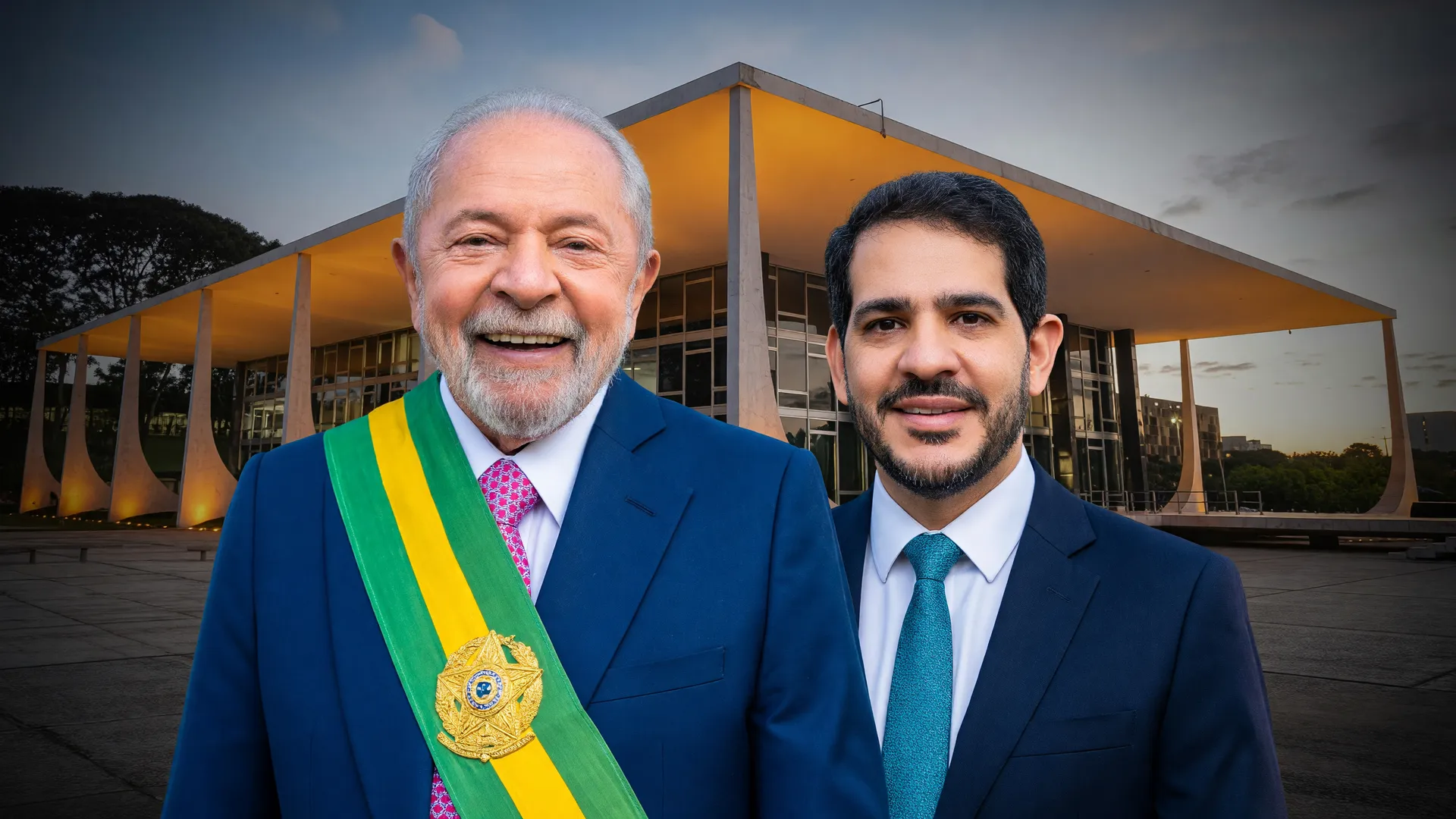 Retrato editorial de Lula e Messias com STF ao fundo para aprovação de Messias no STF