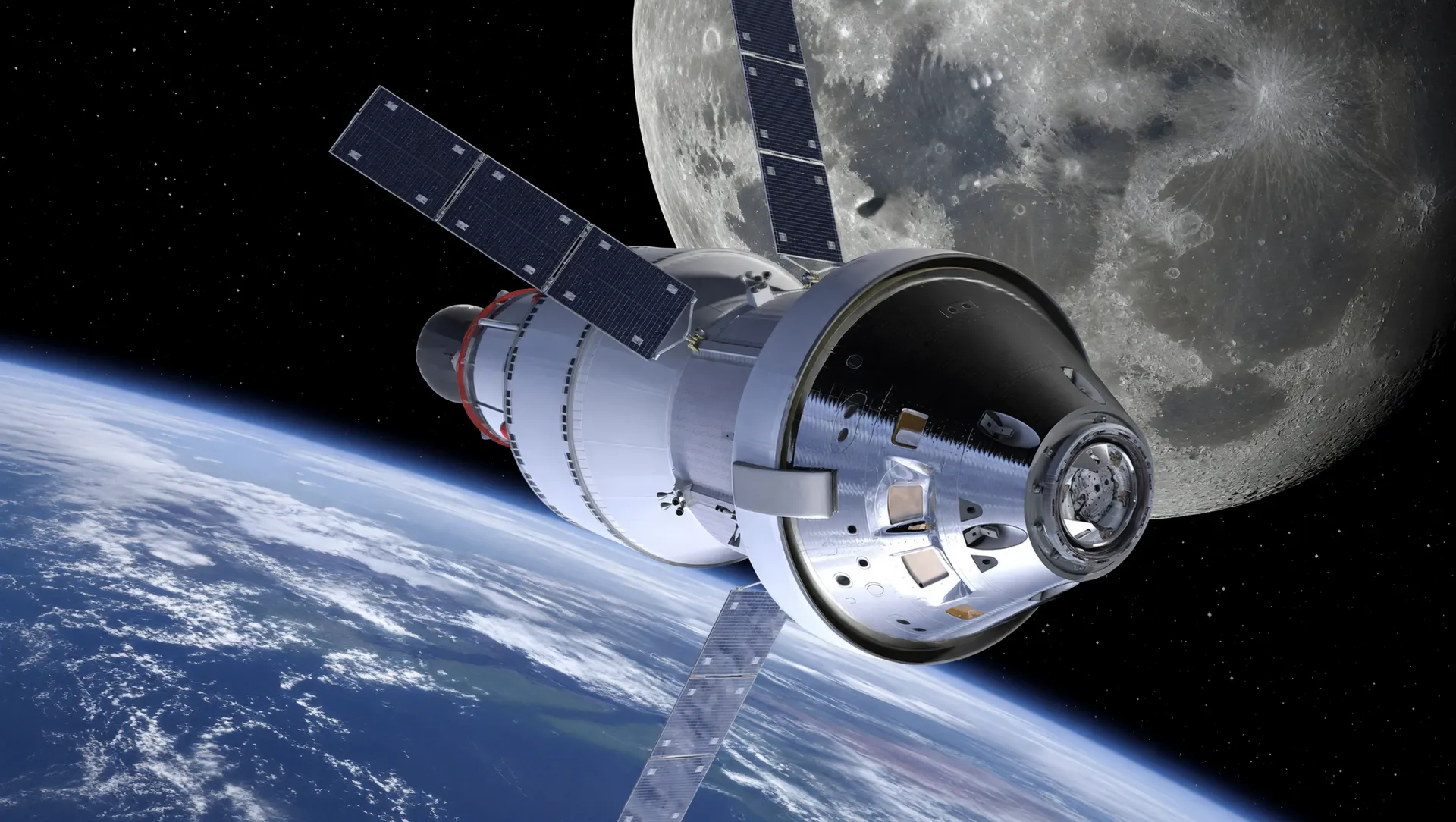 Cápsula Orion com astronautas Artemis II em sobrevoo lunar, deixando a Terra ao fundo