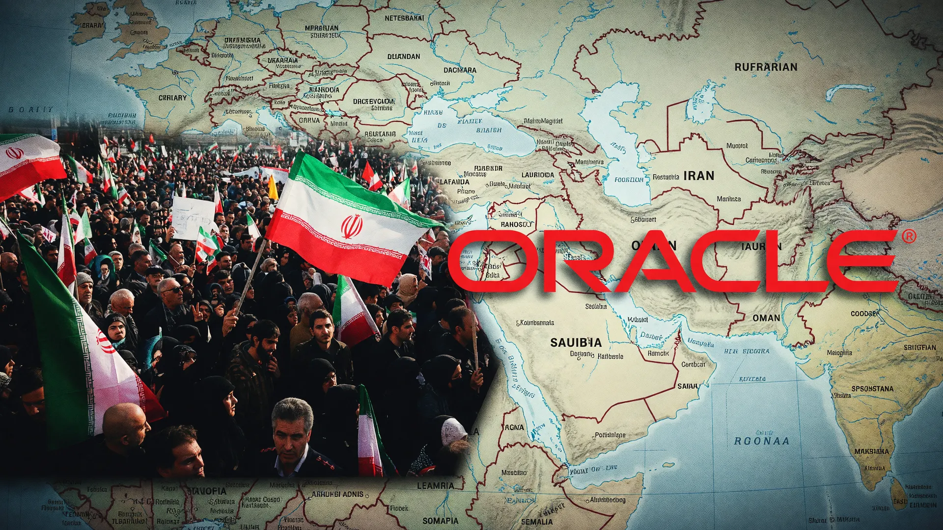 Representação visual do ataque Irã data center Oracle: bandeira iraniana, mapa geopolítico e logo corporativo da Oracle
