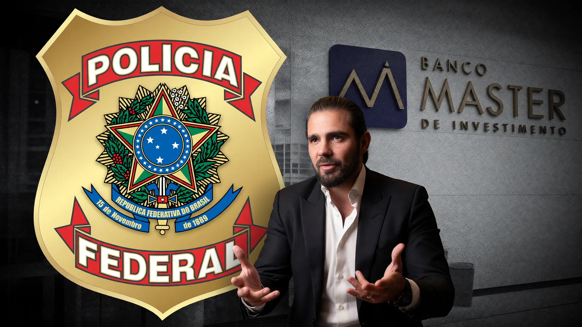 Brasão Polícia Federal com auditoria BRB Banco Master em composição editorial investigativa