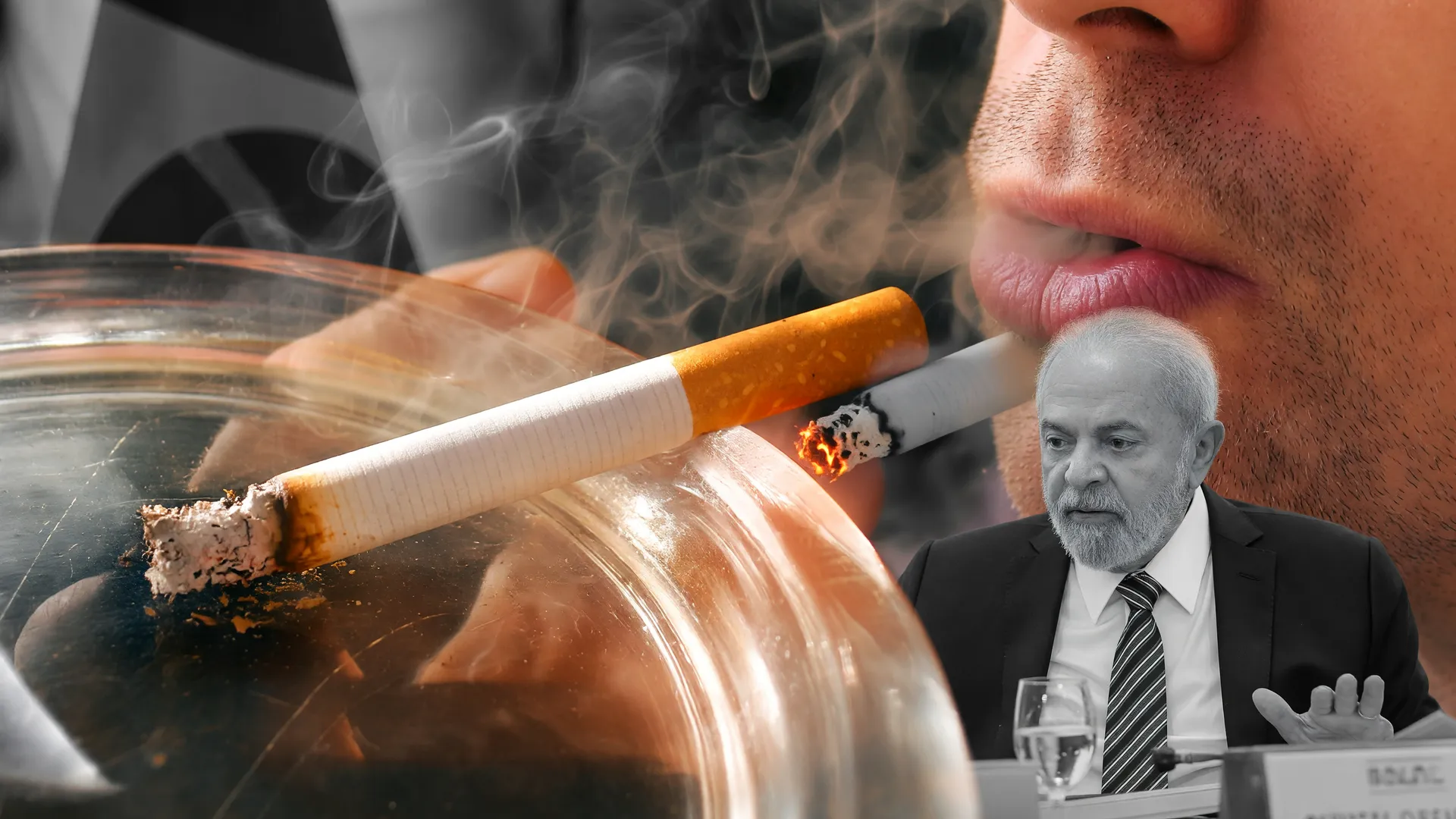 Colagem editorial com cigarro aceso, fumante e retrato presidencial, representando aumento preço cigarro Brasil fumantes