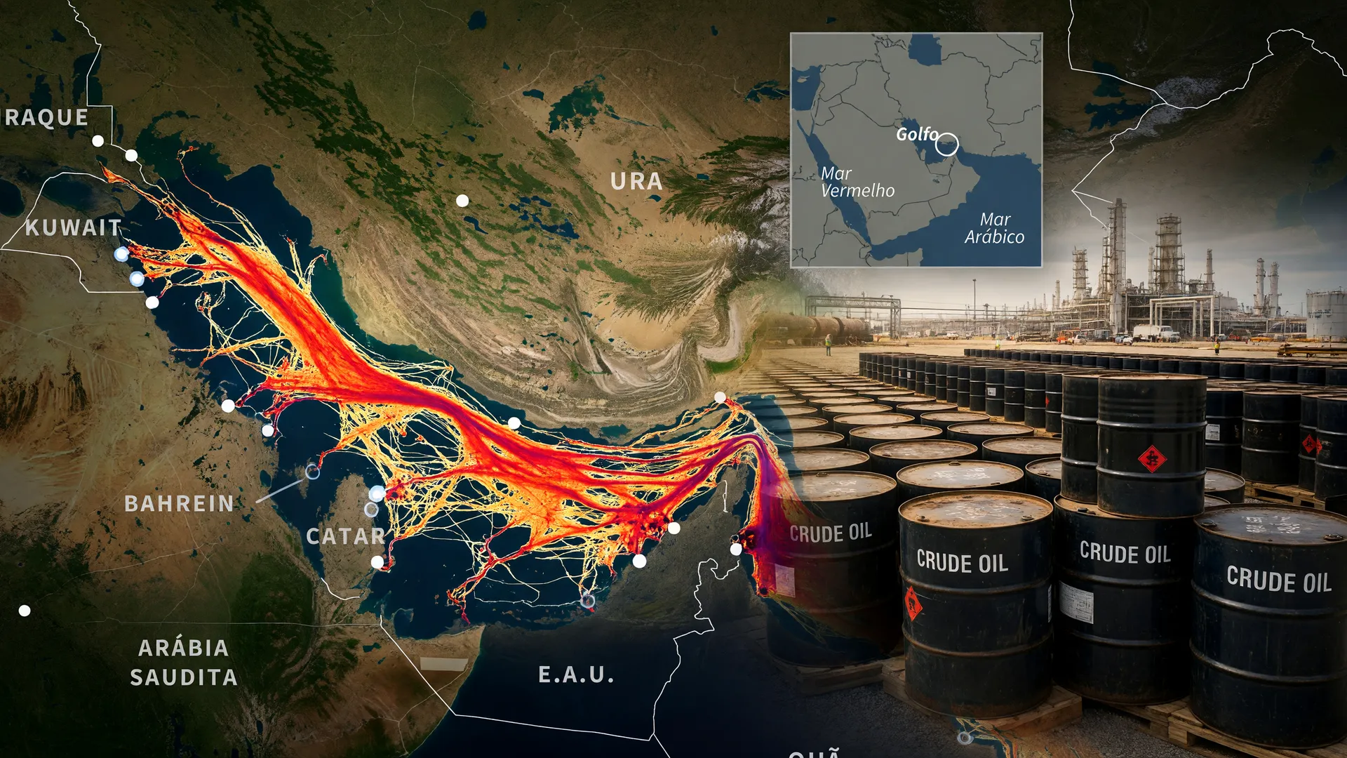 Bloqueio do Estreito de Ormuz com mapa de tráfego marítimo e barris de petróleo em refinaria