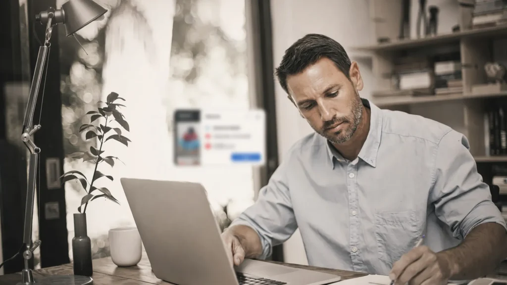 Microempreendedor em seu escritório recebendo boleto de proposta sem contratação por app bancário