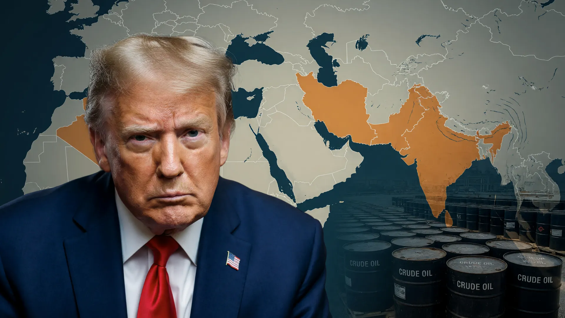 Retrato Trump com mapa Oriente Médio, símbolo bombardeios EUA Ilha de Kharg e escalação geopolítica no Irã