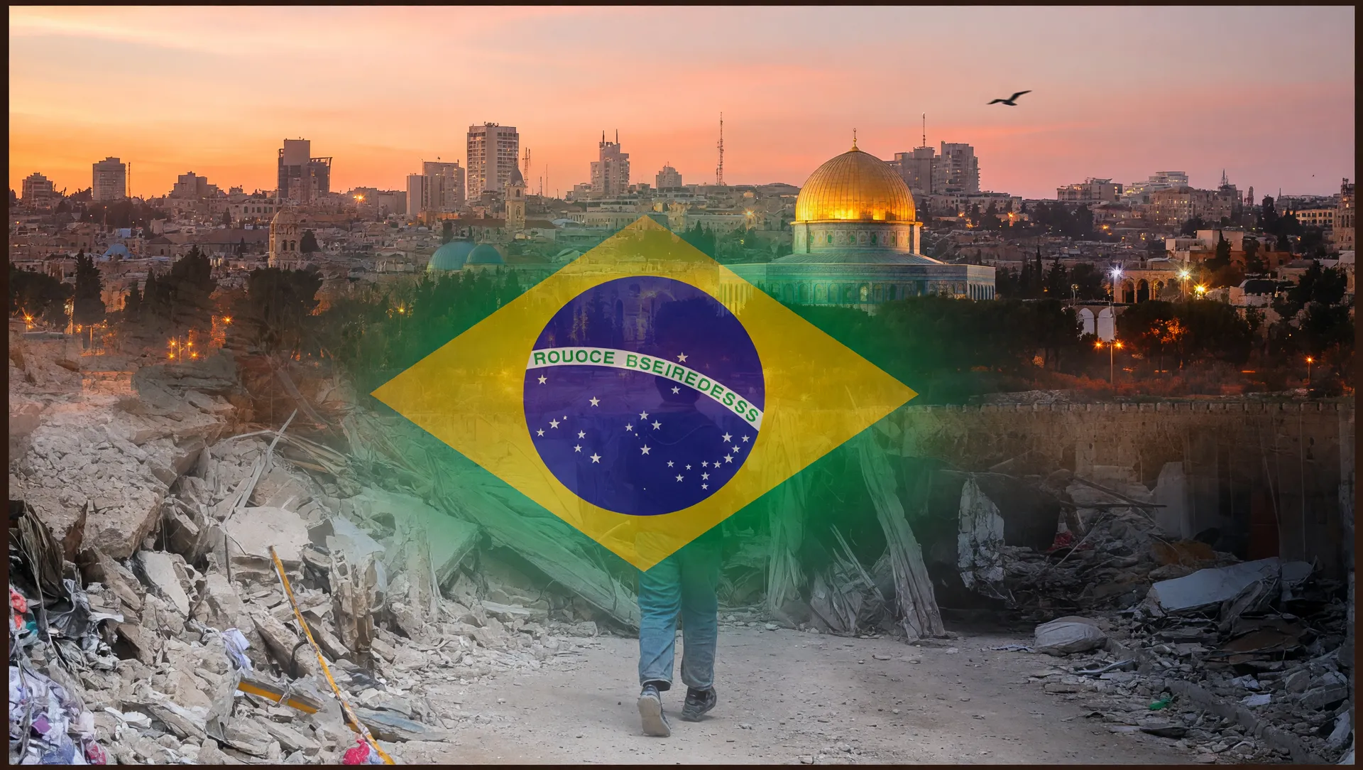 Collage com ruínas do Líbano e Jerusalém destacando brasileiros mortos ataque israelense Líbano