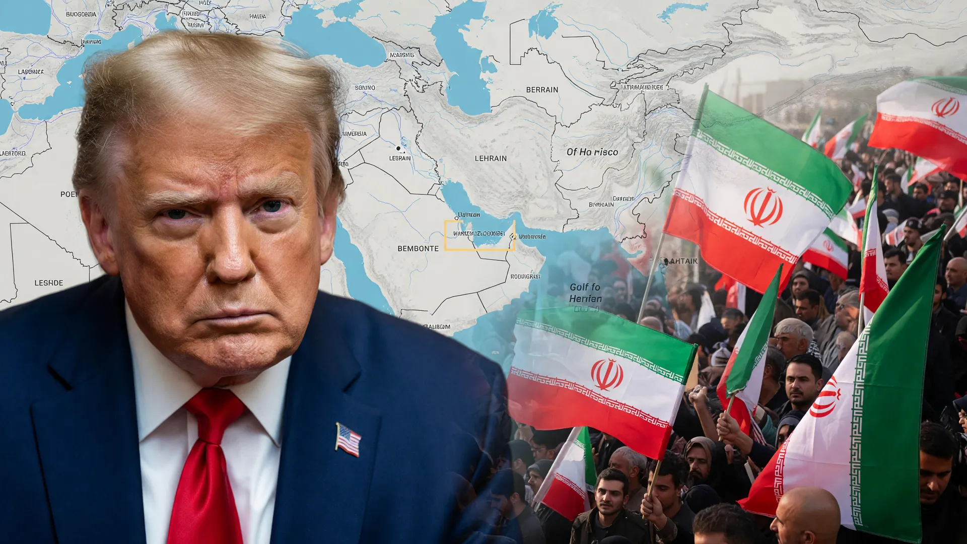 Retrato de Trump e bandeira iraniana com Estreito de Ormuz, cessar-fogo entre EUA e Irã