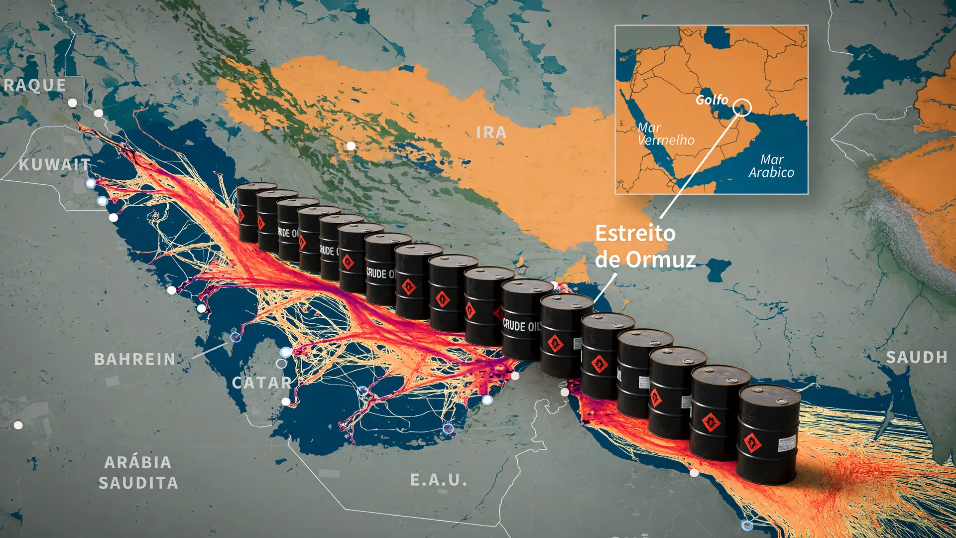 Mapa do Estreito de Ormuz e região, ilustrando impacto do cessar-fogo EUA Irã nos mercados de petróleo e rotas comerciais