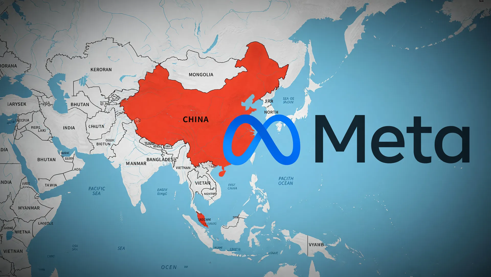 China bloqueia compra da startup de IA da Meta em composição editorial com mapa e logo