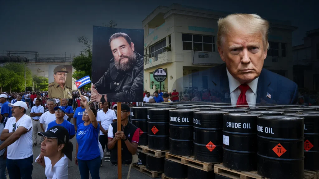 Cena cubana de crise: arquitetura colonial e barris de petróleo simbolizando o conglomerado militar GAESA Cuba.