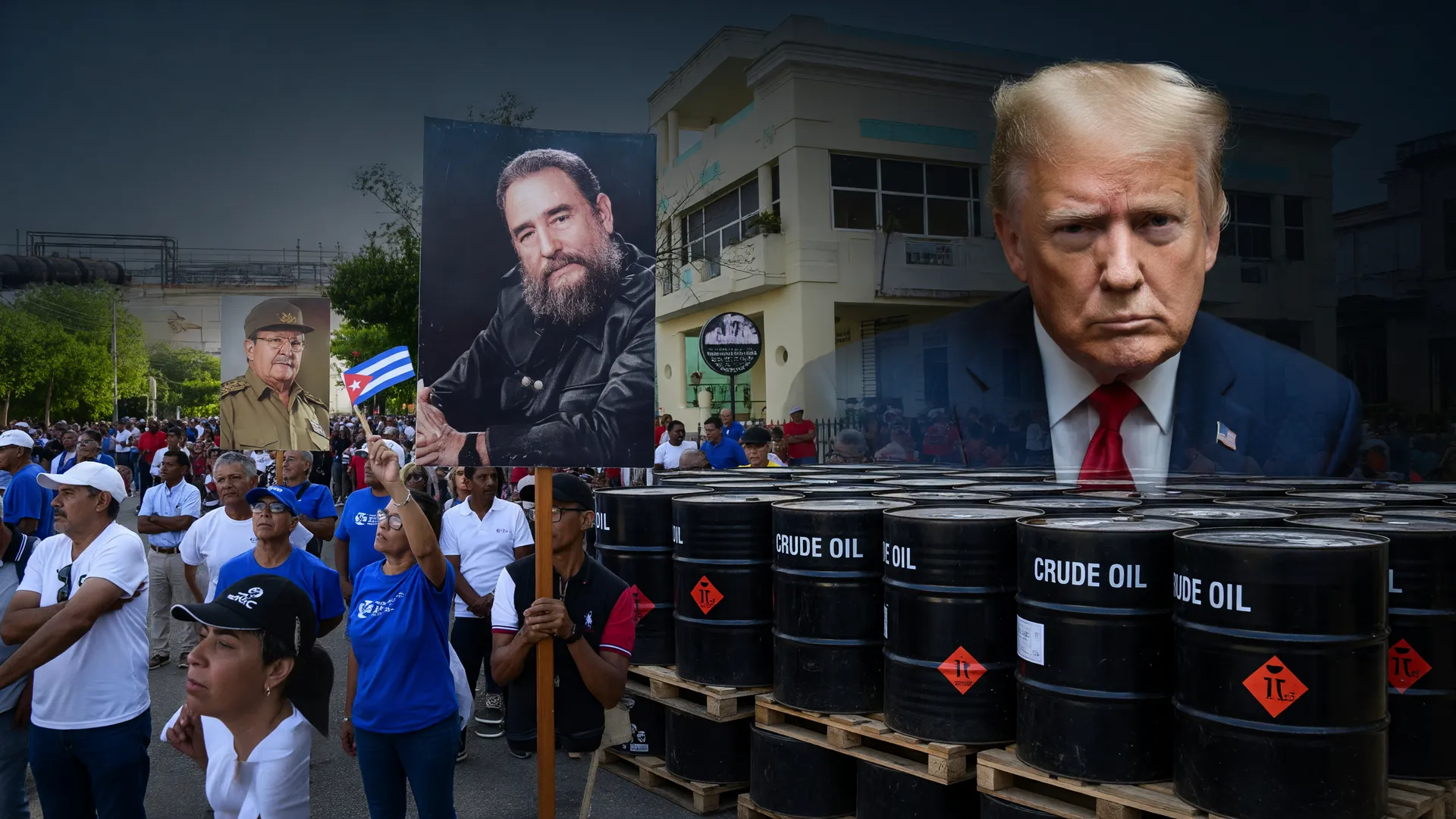 Cena cubana de crise: arquitetura colonial e barris de petróleo simbolizando o conglomerado militar GAESA Cuba.