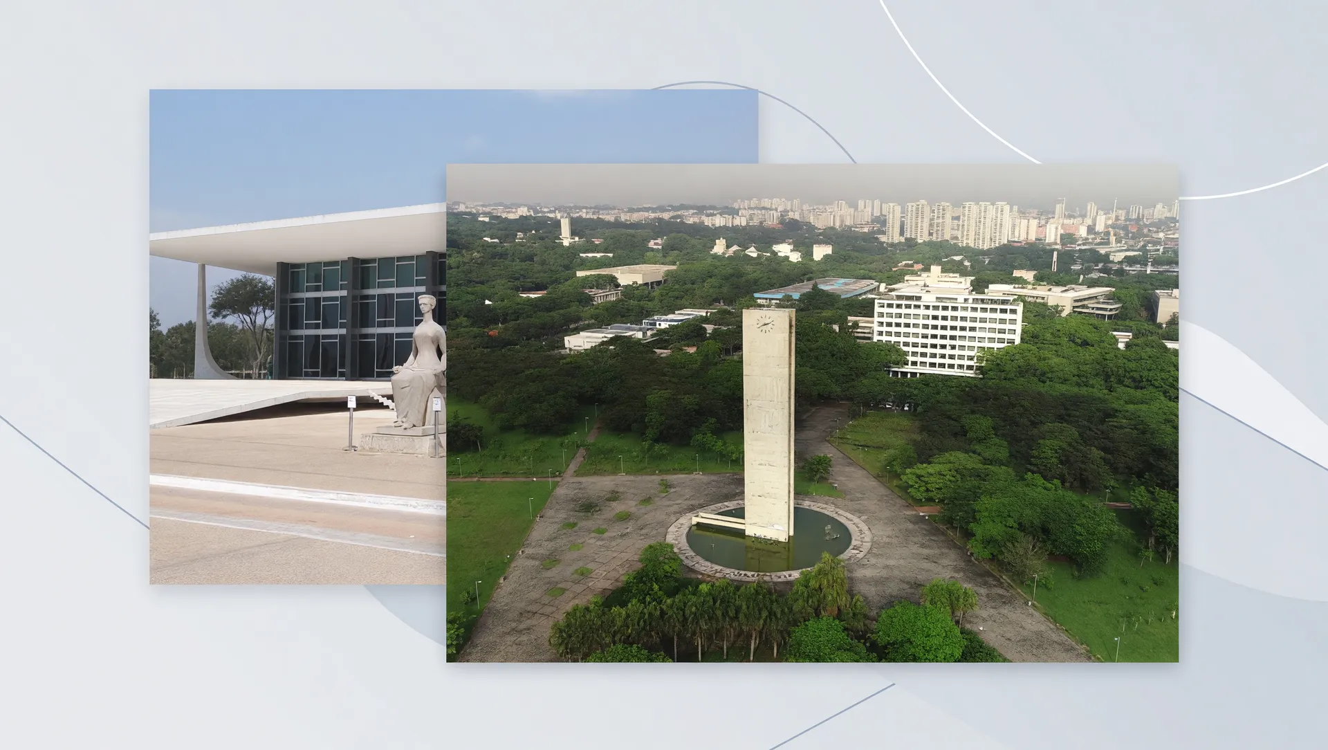 Edifícios icônicos STF e USP em composição editorial sobre cotas para pessoas com deficiência USP