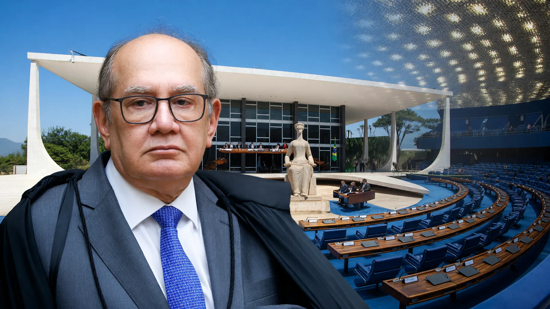 Gilmar Mendes entre STF e Senado Federal, representando tensão institucional sobre CPI indiciamento ministros STF