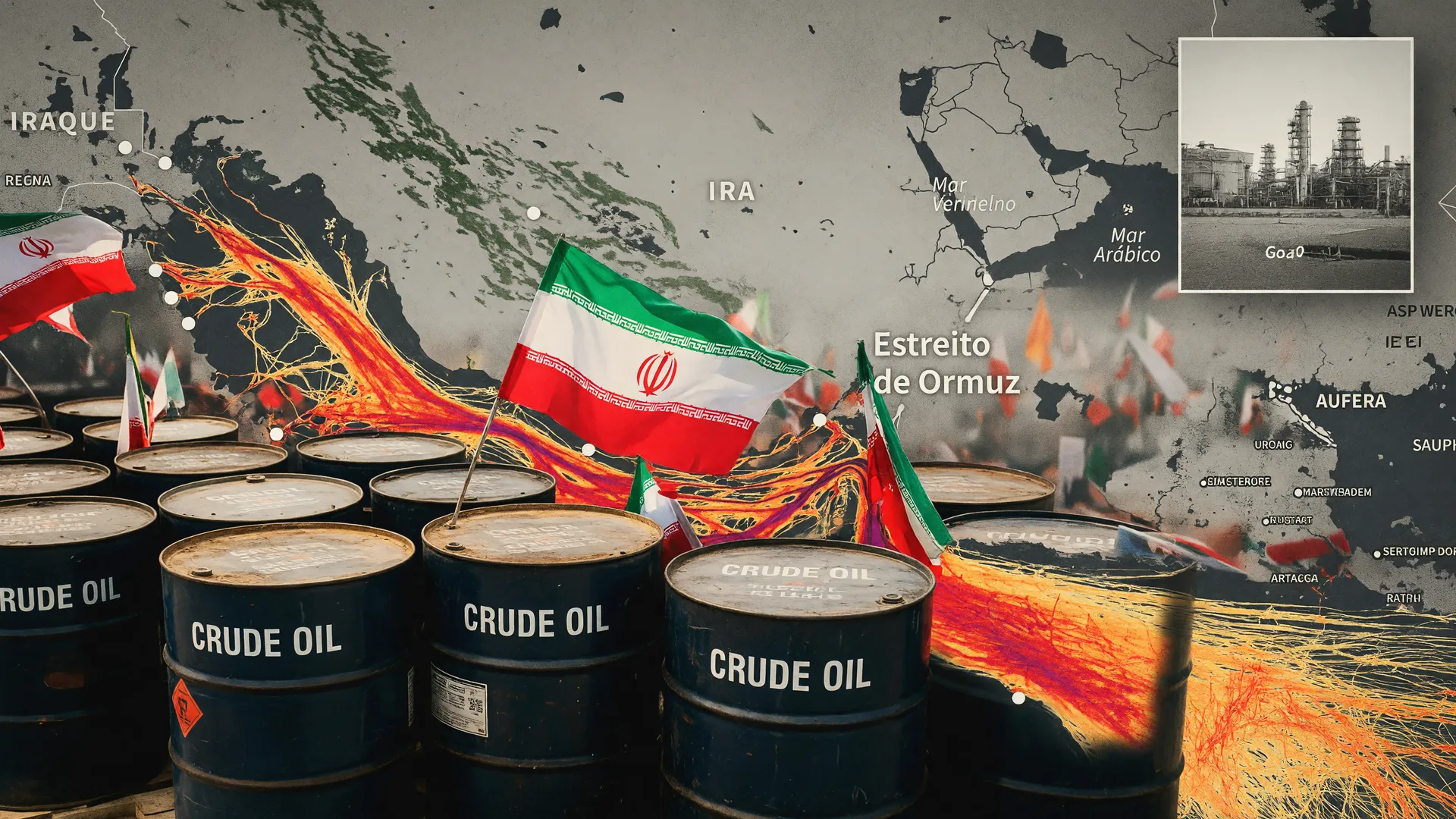 Mapa do Estreito de Ormuz com bandeiras iranianas e barris de petróleo retratando a crise energética da guerra Irã-Europa